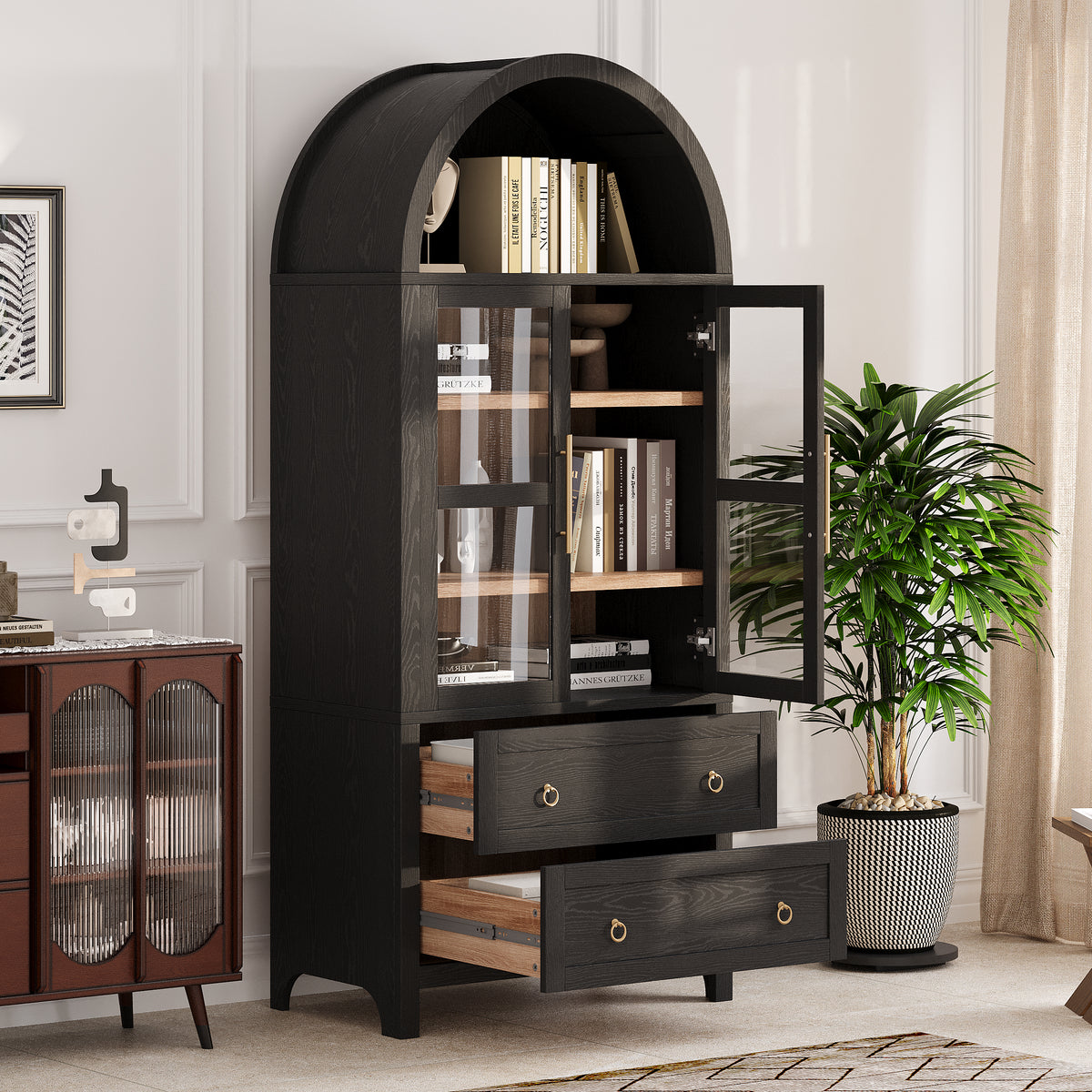 variant-group:rf-n707p288972b|Roomfitters 71" Pantry Cabinet with Arched Top and Glass Doors, 2 Storage Drawers and Adjustable Shelves for Kitchen, Black