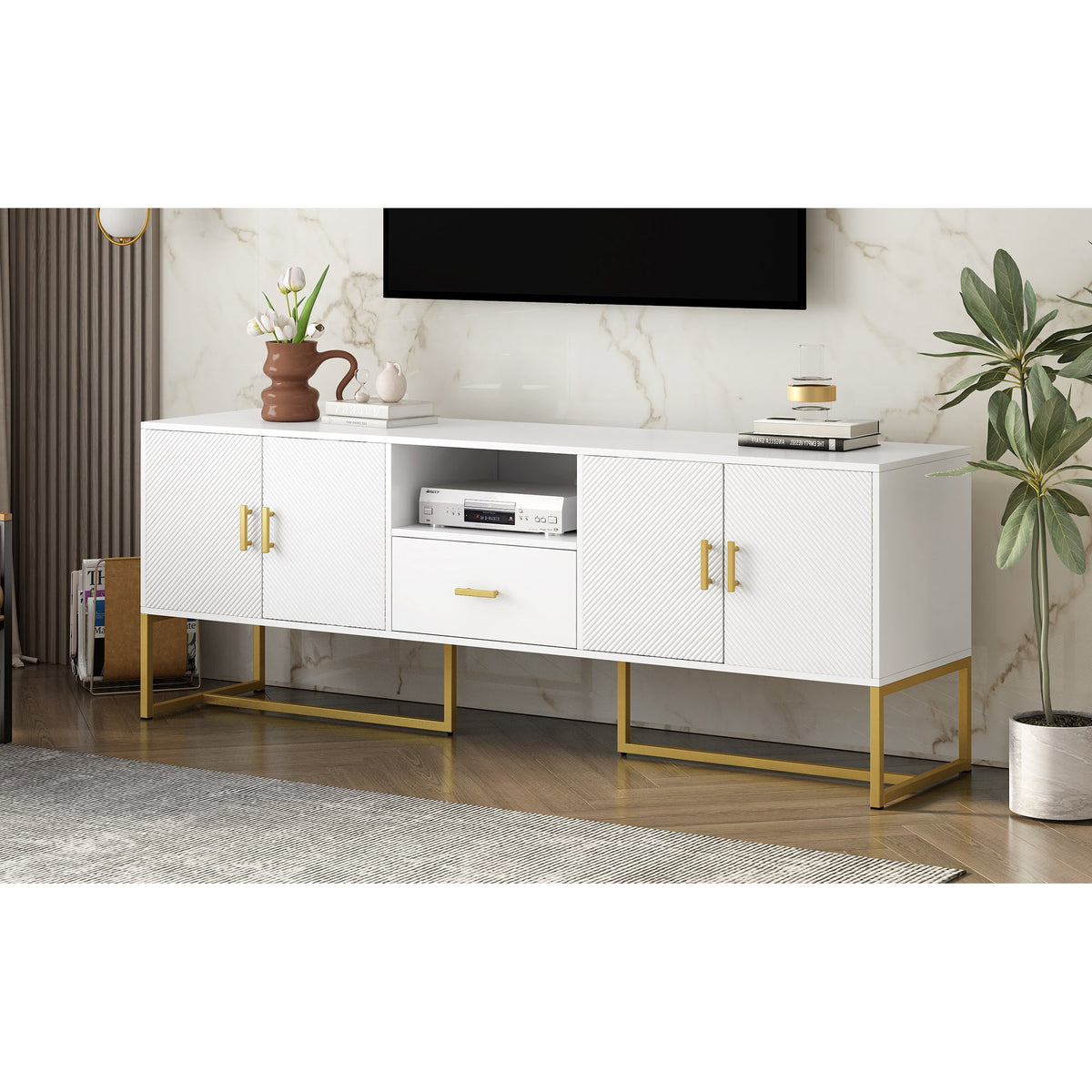 Roomfitters Modern TV Stand for up to 70 Inch TV, Media Cabinet with Drawer, Metal Legs and Safety Features, White Roomfitters