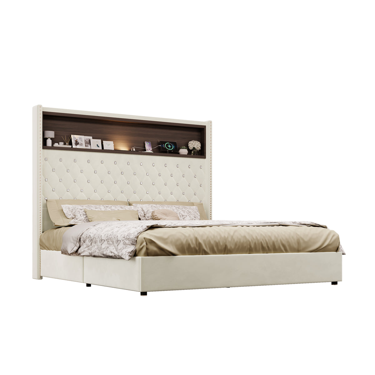 variant-group:rf-n733p367135a|Roomfitters Queen Velvet Tufted Platform Bed with Charging Ports, Tall Wingback Headboard with Rivet Trim and Shelf, Beige