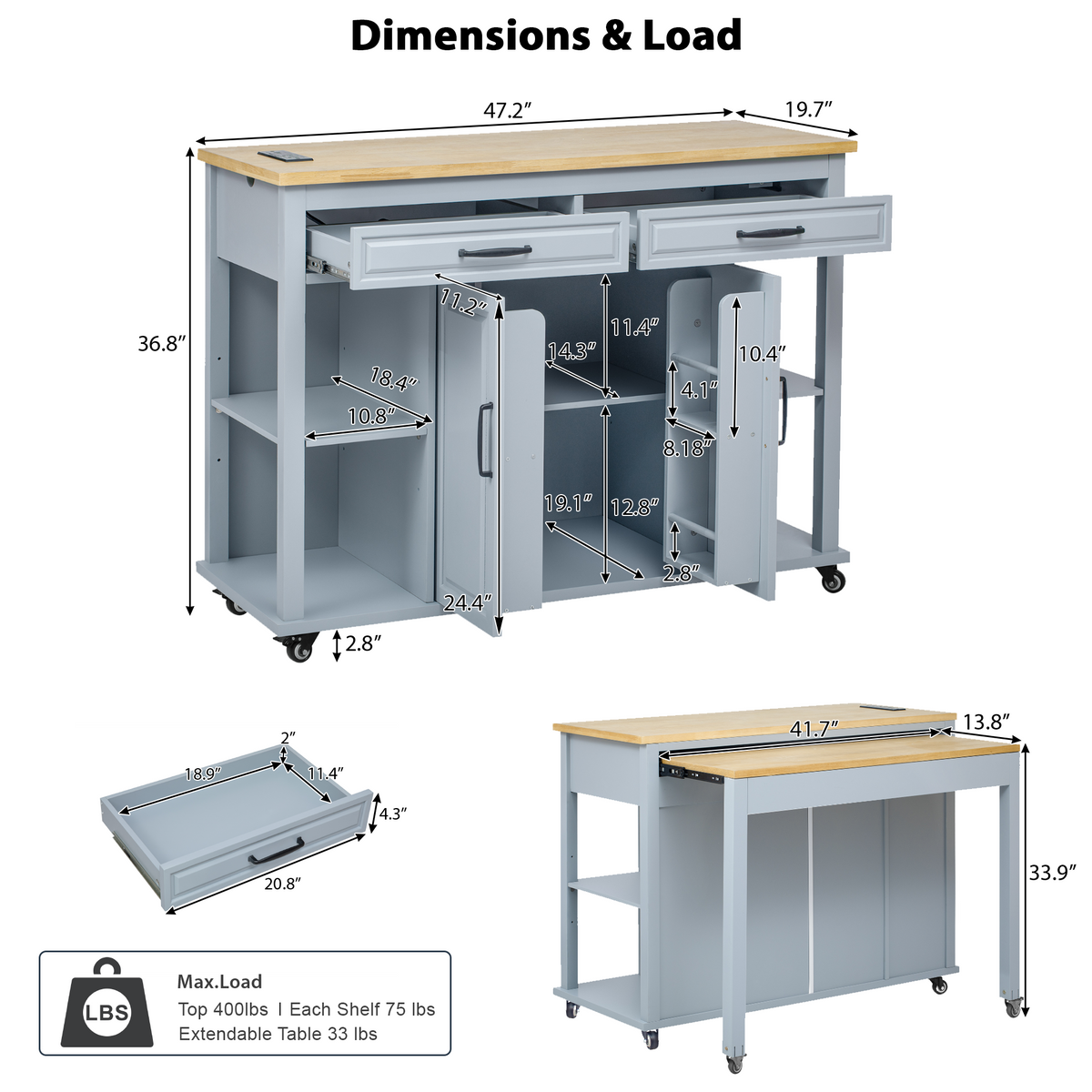 variant-group:rf-n707p215327g|Roomfitters 47" Kitchen Island with Extendable Dining Table, Storage Cabinet, Power Outlet, Rubber Wood Veneer, Grey Blue