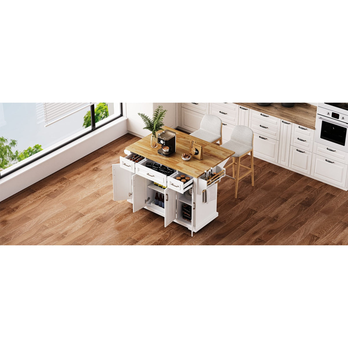 variant-group:rf-n707s195395w|Roomfitters 54" Kitchen Island with Wood Top, Rolling Storage Cabinet with 3 Drawers and 3 Doors, Spice Rack, White