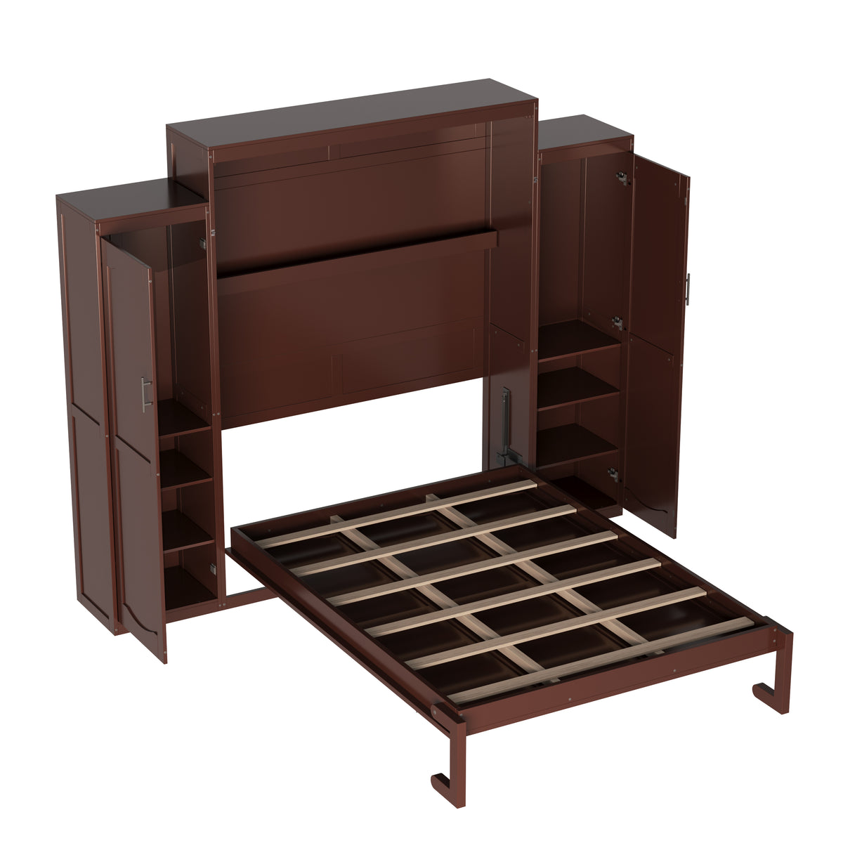 variant-group:rf-n733s235627d|Roomfitters Queen Murphy Wall Bed with Two Wardrobes and Storage Shelf, Foldable Platform Bed Frame for Guest Room, Walnut