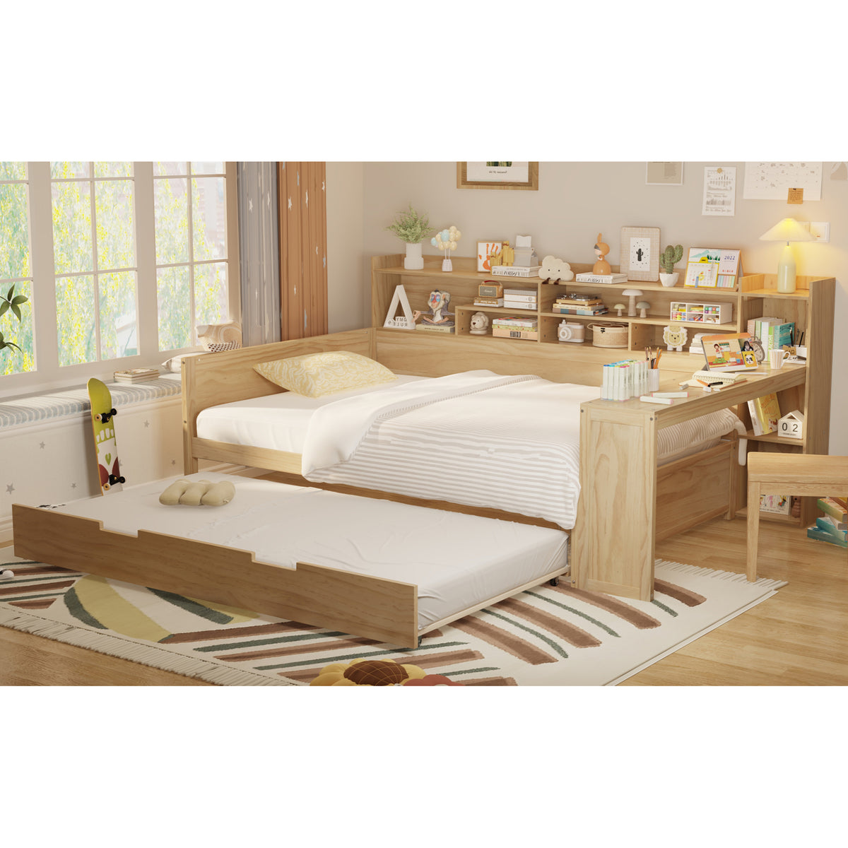 variant-group:rf-n733s373391m|Roomfitters Full Daybed with Twin Trundle, Storage Shelves and Desk, Wooden Multi-Functional Bed, Natural