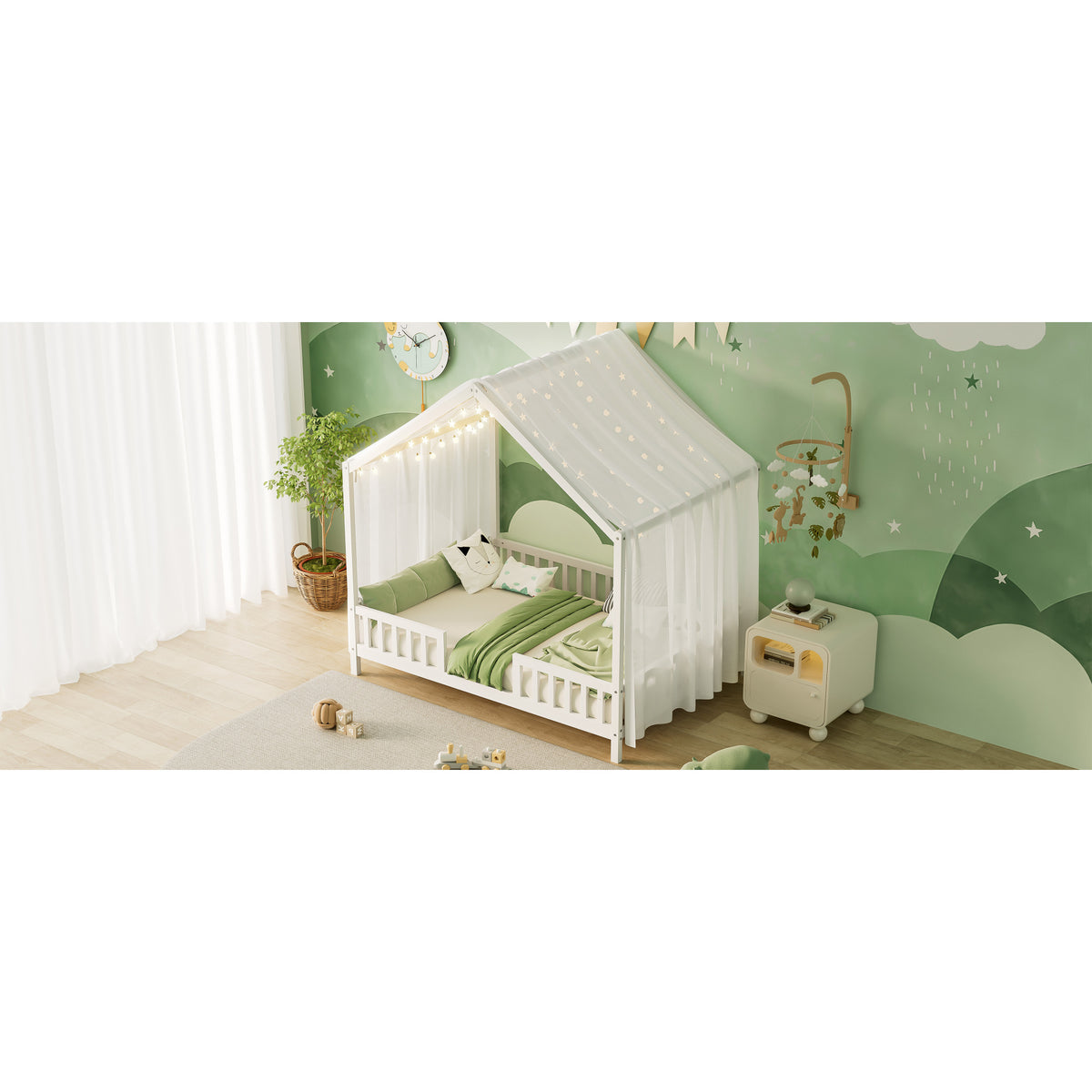 variant-group:rf-n733p356048k|Roomfitters Full Montessori Floor Bed with Canopy, House Shape Wood Frame with Safety Rails, Platform Bed, White