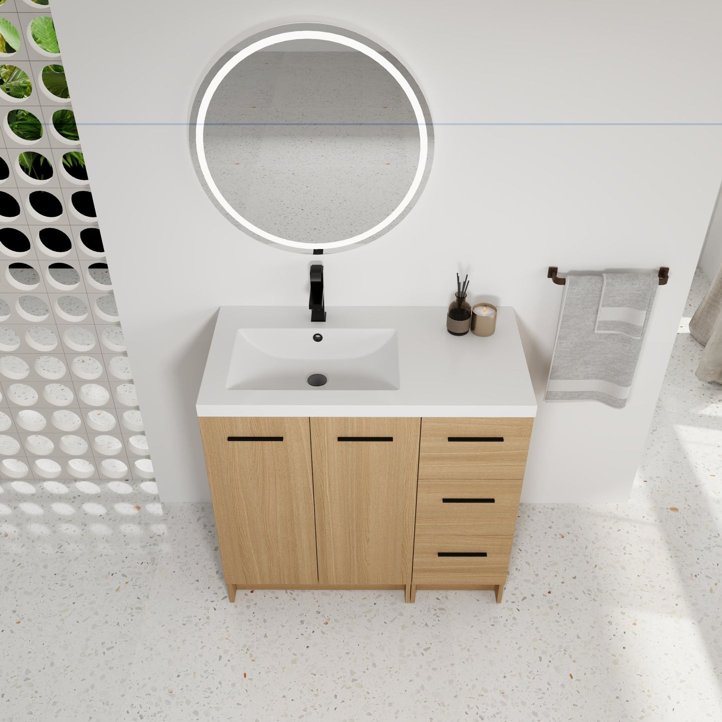 36" Modular Freestanding Bathroom Vanity with 36" Resin Sink Top, Light Oak, 2-Piece Cabinet (24" 2-Door + 12" 3-Drawer), KD Cabinet, Includes Black & Brushed Aluminum Handles Roomfitters