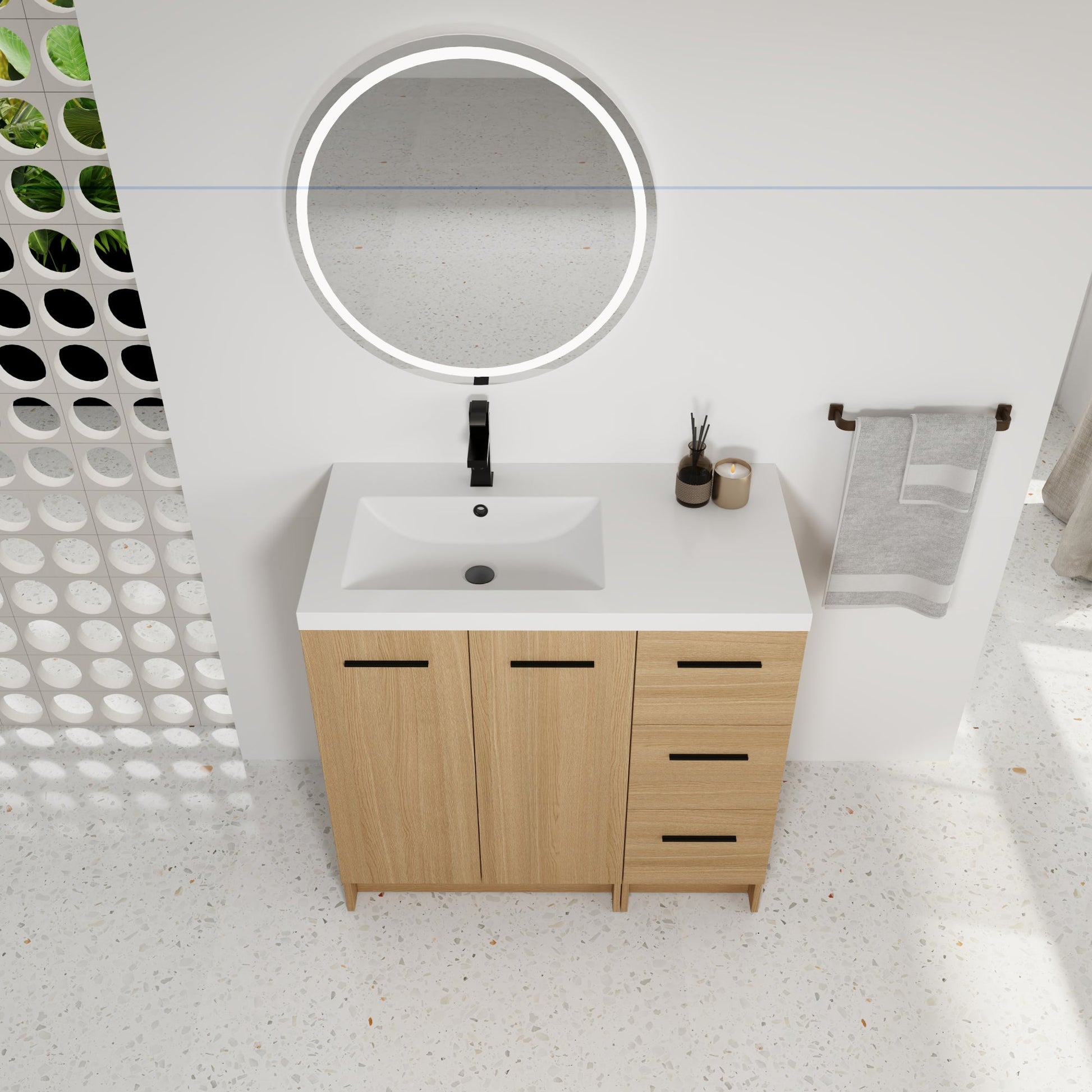 36" Modular Freestanding Bathroom Vanity with 36" Resin Sink Top, Light Oak, 2-Piece Cabinet (24" 2-Door + 12" 3-Drawer), KD Cabinet, Includes Black & Brushed Aluminum Handles Roomfitters