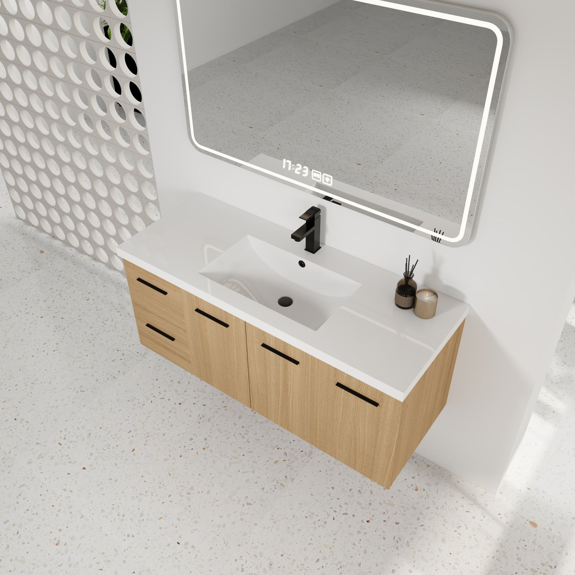 48" Light Oak Floating Bathroom Vanity with Sink, Modular 3-Piece Cabinet (2-Door + 1-Door + 2-Drawer), Gel-Coat Integrated Sink Top, Wall-Mounted, 4 Packages Roomfitters