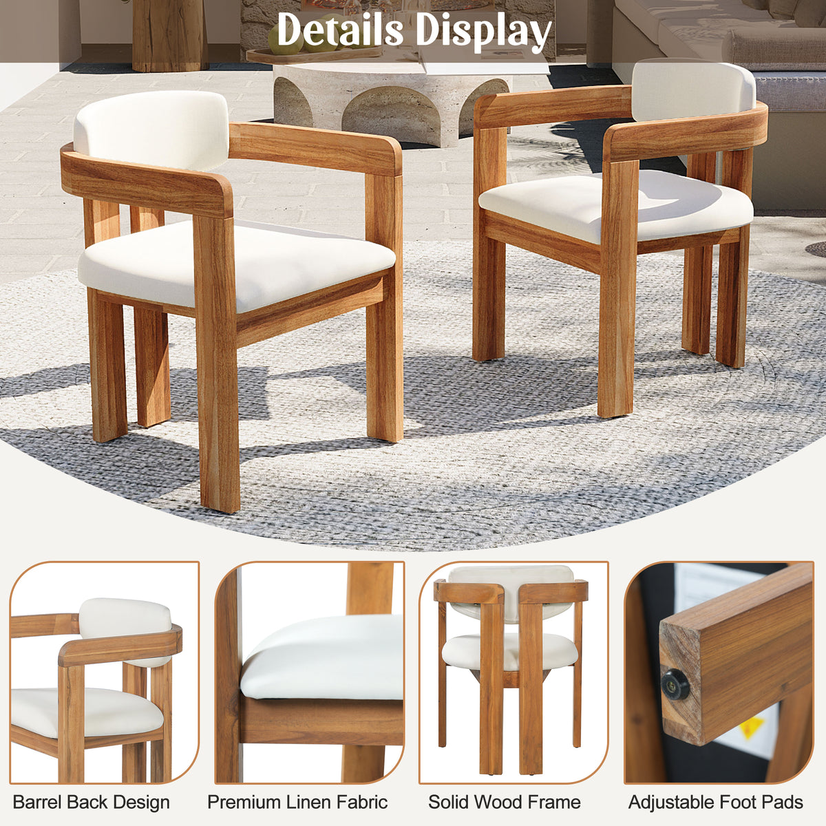 variant-group:rf-n704g201258a|Roomfitters 5-Piece Outdoor Acacia Wood Round Dining Set with Ergonomic Barrel Armchairs Beige Cushions