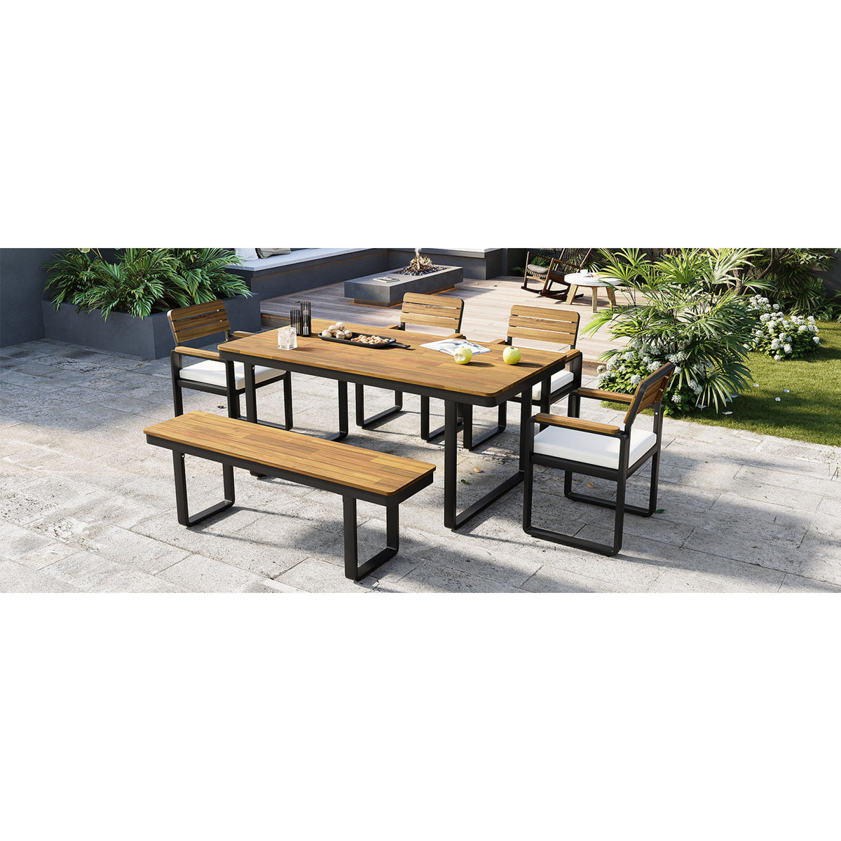 variant-group:rf-n704g201255a|Roomfitters 6-Piece Solid Acacia Wood Patio Dining Set with Steel Frames and Cushion Chairs Beige