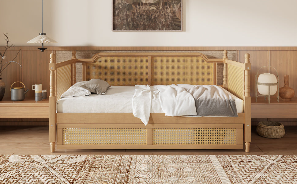 variant-group:rf-n701bs701p415494d|Roomfitters Full Size Traditional Rattan Daybed Frame with 2 Storage Drawers, French Country Wood Bed, No Box Spring, Walnut