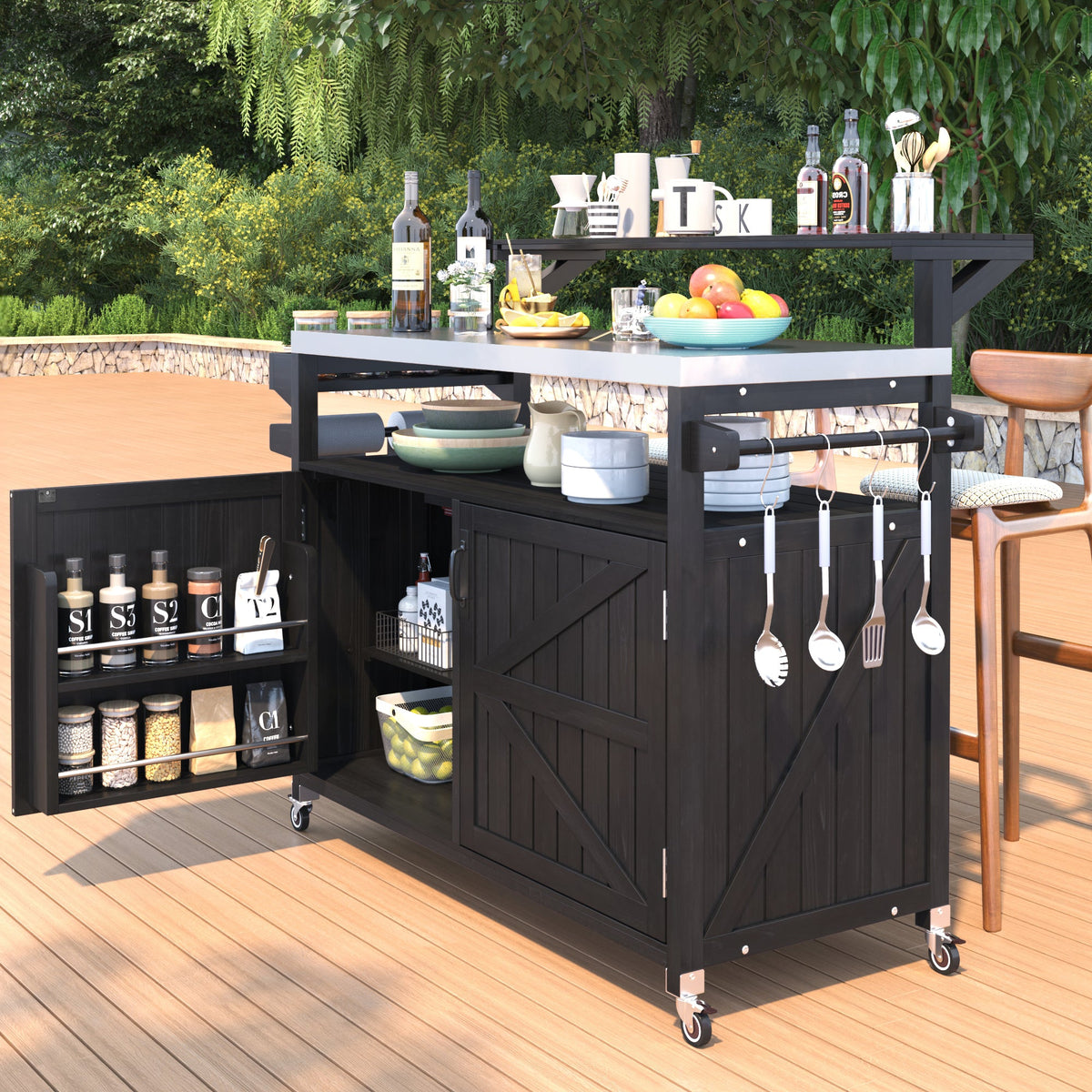 Roomfitters 56.5" Grill Cart, Outdoor Kitchen Island with Stainless Steel Top and Storage Cabinet, BBQ Prep Station, Black
