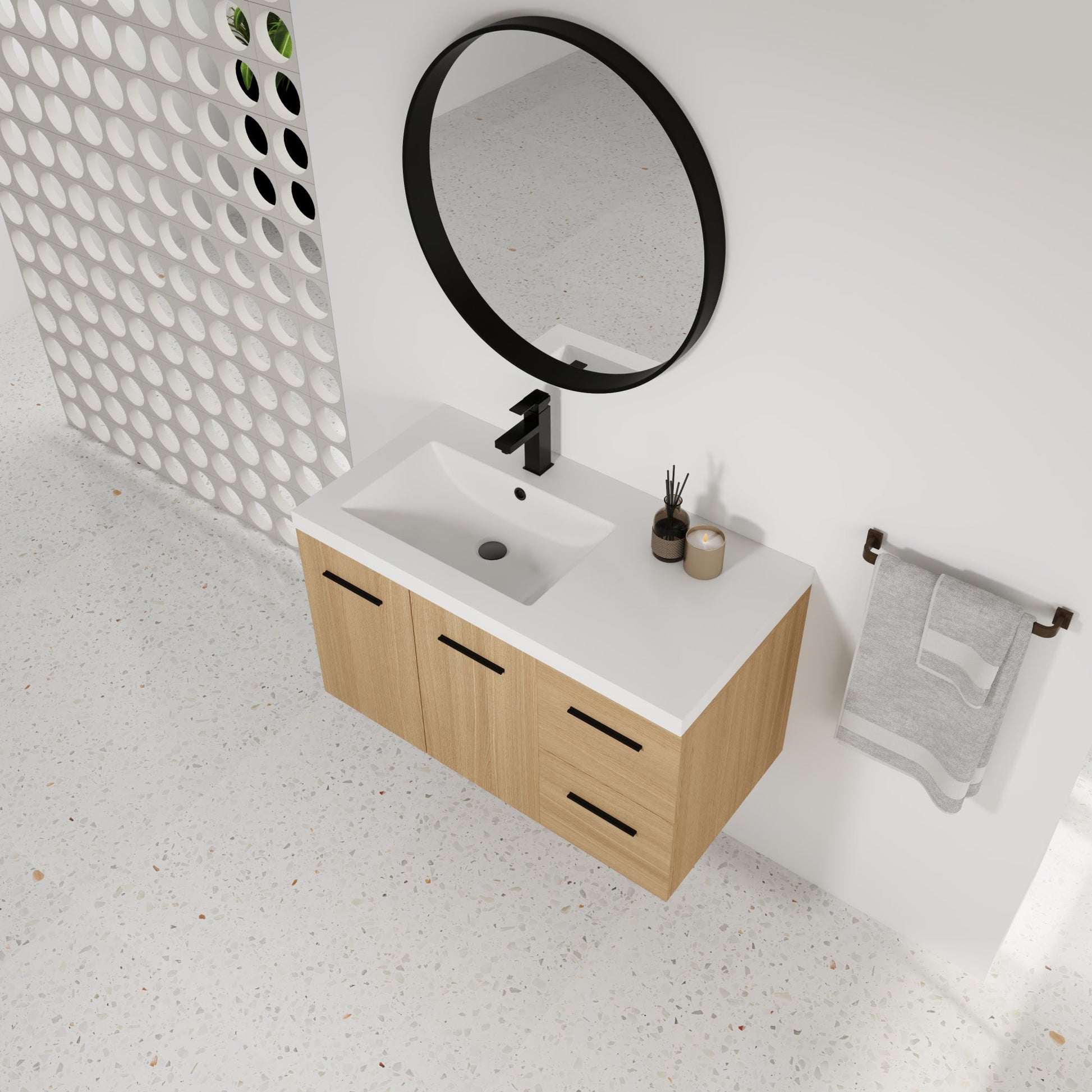 36" Wall-Mounted Floating Bathroom Vanity with Sink, Light Oak, 2-Door & 2-Drawer Modular Cabinet, Gel Coat Sink Top, 3 Boxes Roomfitters