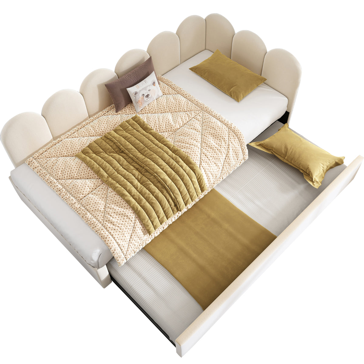 variant-group:rf-n736aa20362122b|Roomfitters Velvet Upholstered Twin Daybed with Pull Out Trundle, Sofa Bed with Metal Slat Frame, Beige