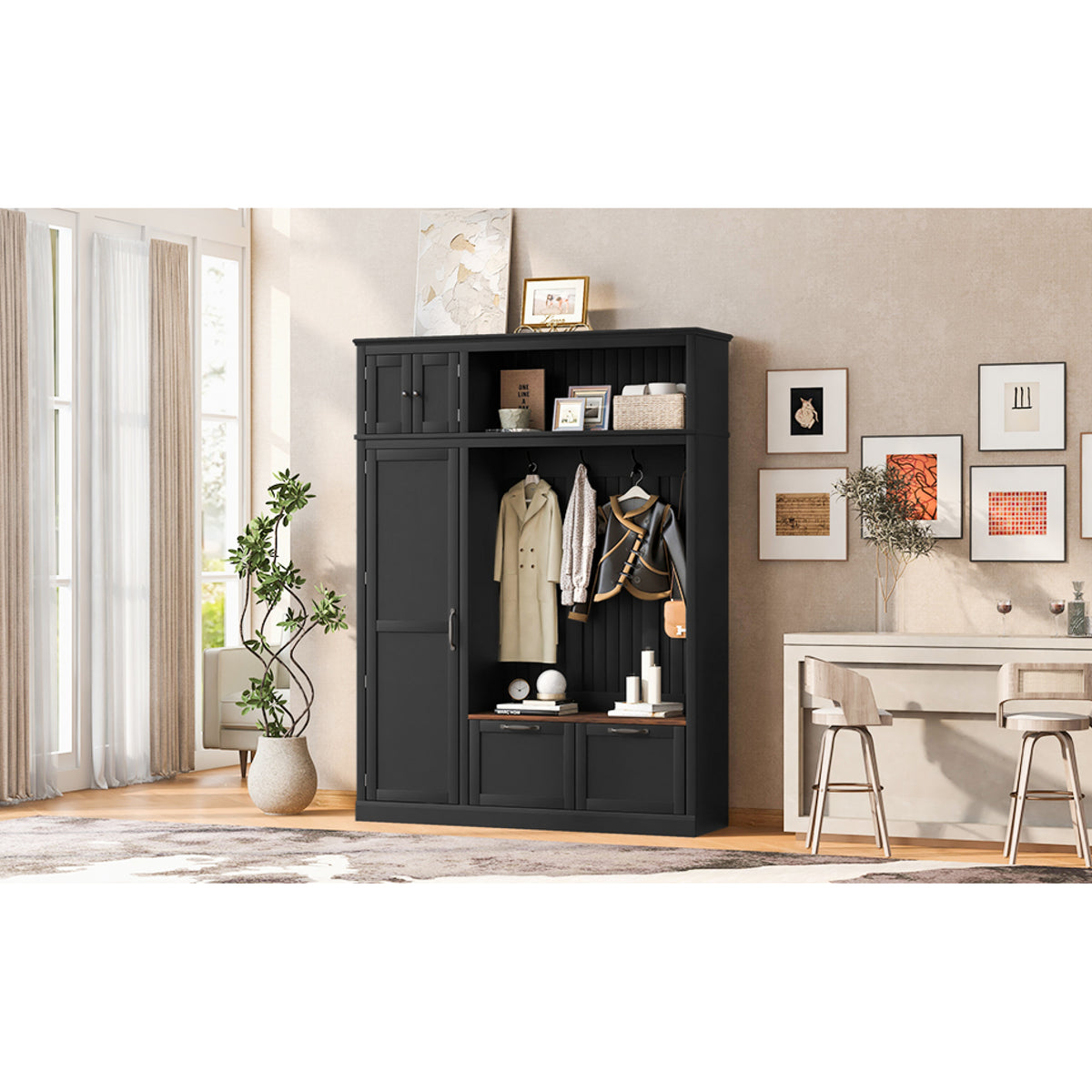 variant-group:rf-n724sj000160aab|Roomfitters 3-in-1 Entryway Hall Tree with Overhead Storage Cabinet, 2 Drawers, Black