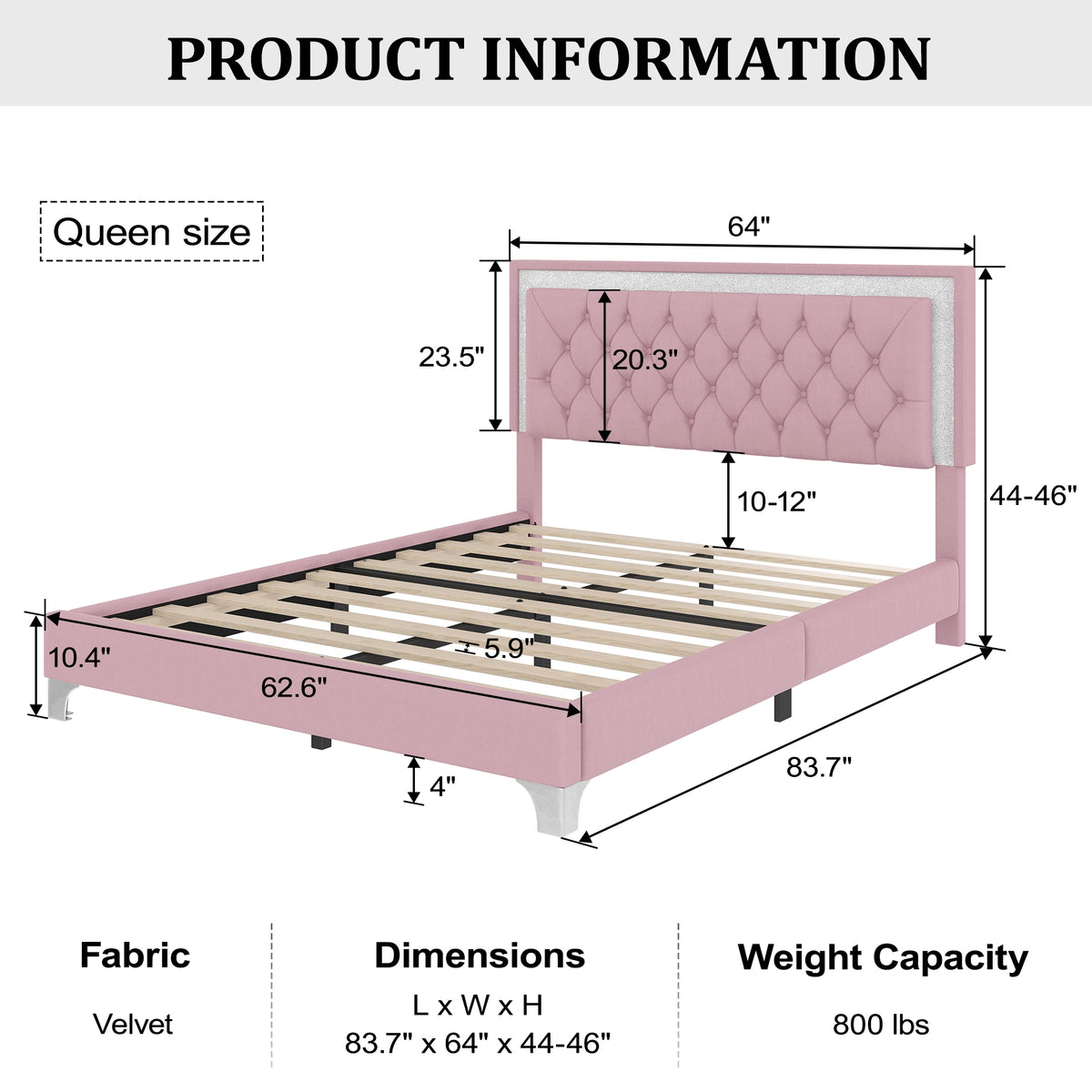 variant-group:rf-n733p183657h|Roomfitters Modern Velvet Queen Platform Bed with Tufted Headboard and Built-In Lighting, Pink