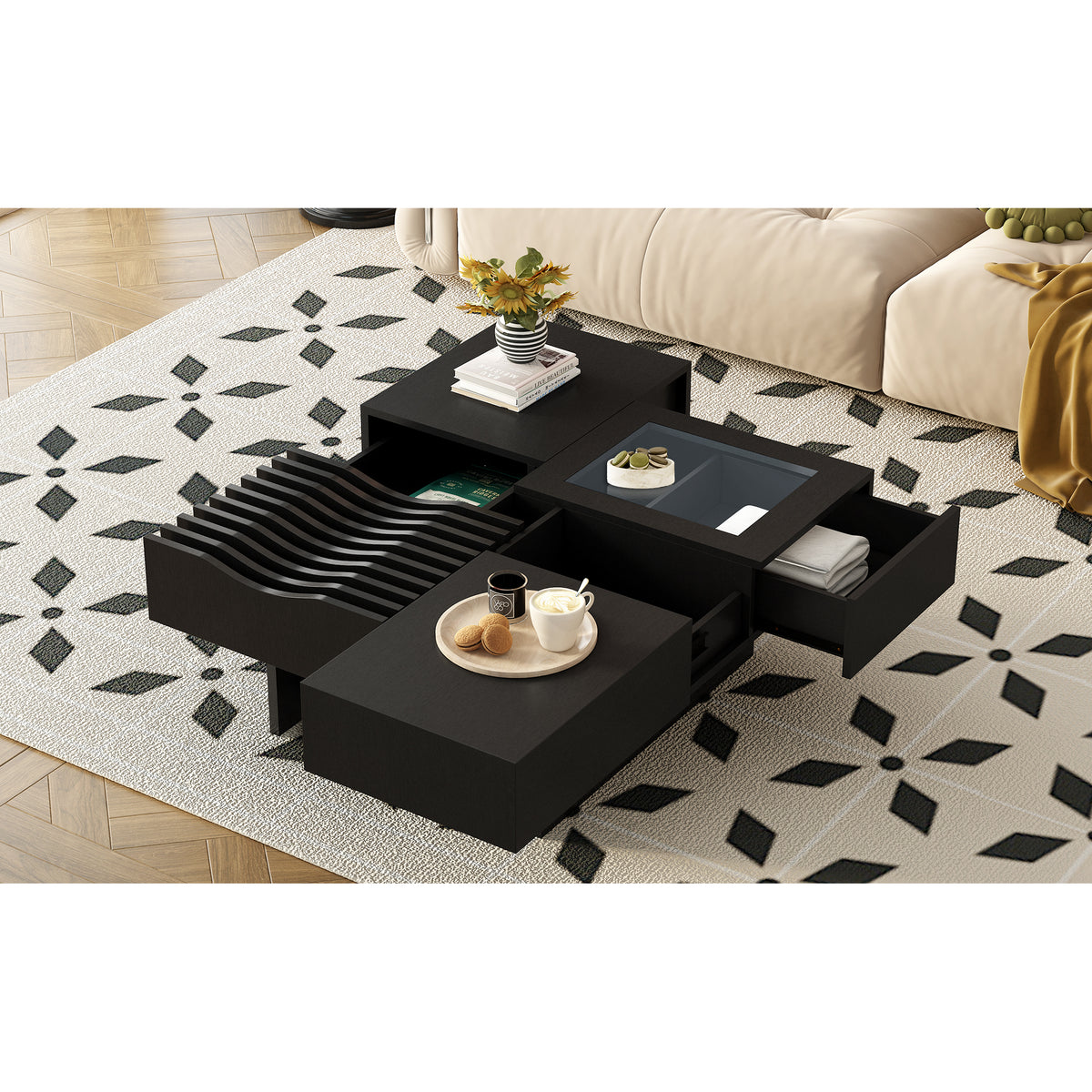 variant-group:rf-n724p270432b|Roomfitters Square Mid-Century Coffee Table with Glass Top and 3 Storage Compartments, Solid Wood Legs, Black