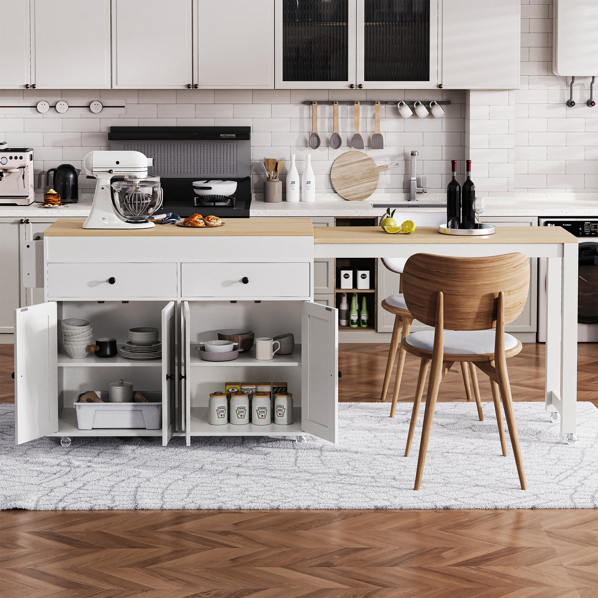 variant-group:rf-n707s000009w|Roomfitters 74.5" Kitchen Island with Extendable Table, Rolling Cart with Spice Rack, Storage Cabinet, White