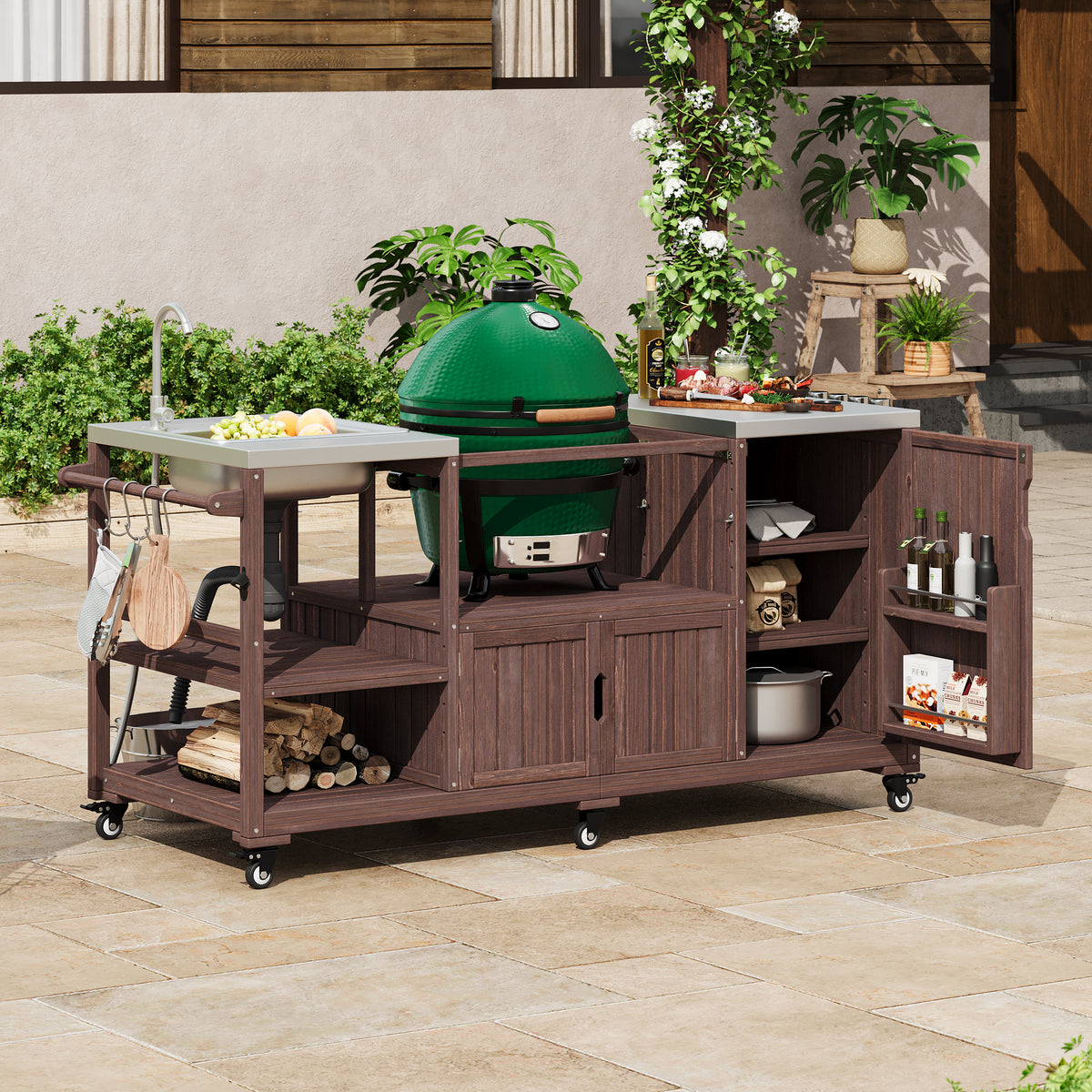 variant-group:rf-n707s000022z|Roomfitters 75.4" Outdoor Kitchen Island with Sink, Fir Wood Grill Cart for XL Green Egg & Tabletop Grills, Brown