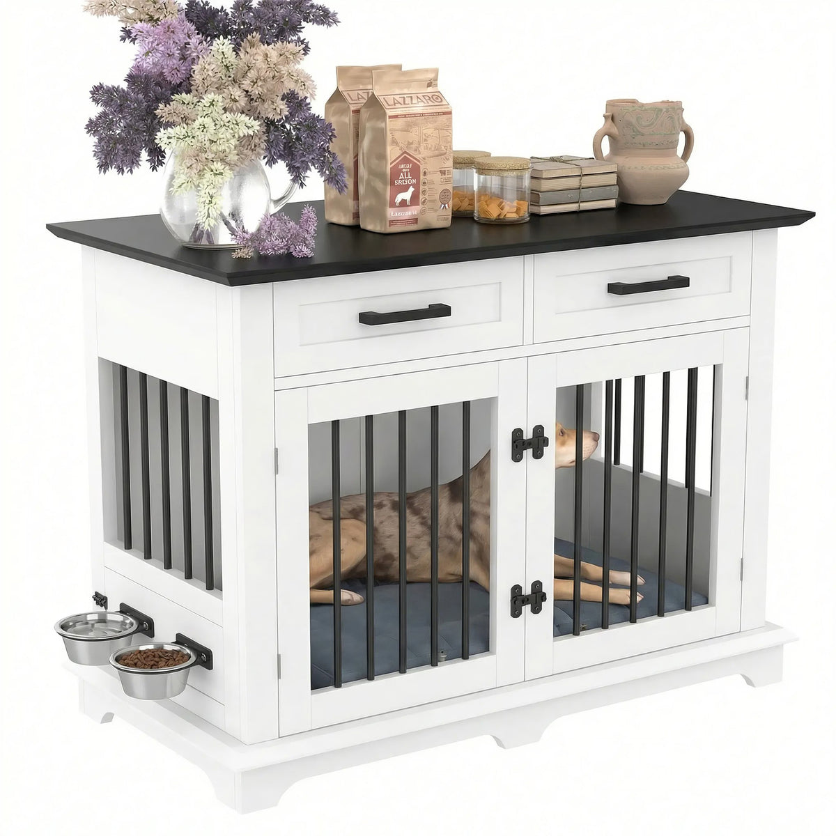 variant-group:rf-n704p379112k|Roomfitters 44-Inch Decorative Dog Crate Furniture Indoor Wooden Kennel End Table with 360 Rotating Bowls White and Black