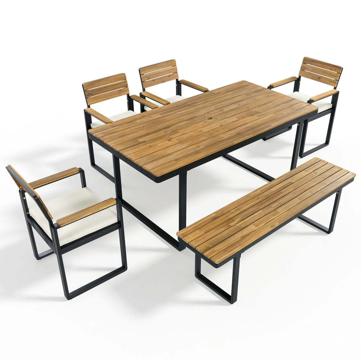 variant-group:rf-n704g201255a|Roomfitters 6-Piece Solid Acacia Wood Patio Dining Set with Steel Frames and Cushion Chairs Beige
