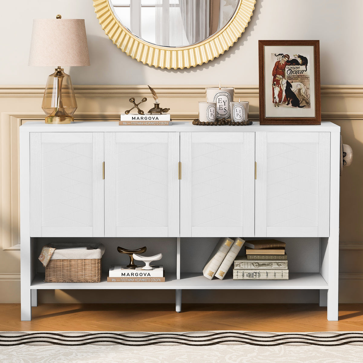 variant-group:rf-n711p345165k|Roomfitters Sideboard Buffet Cabinet with 4 Door Mid-century Modern Geometric Storage and Open Shelf for Kitchen & Dining, White