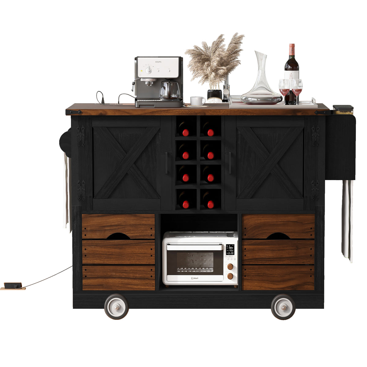 variant-group:rf-n707p349814b|Roomfitters 54" Farmhouse Kitchen Island with Drop Leaf, Power Outlet, Wine Rack, 2 Drawers, 2 Doors, Black