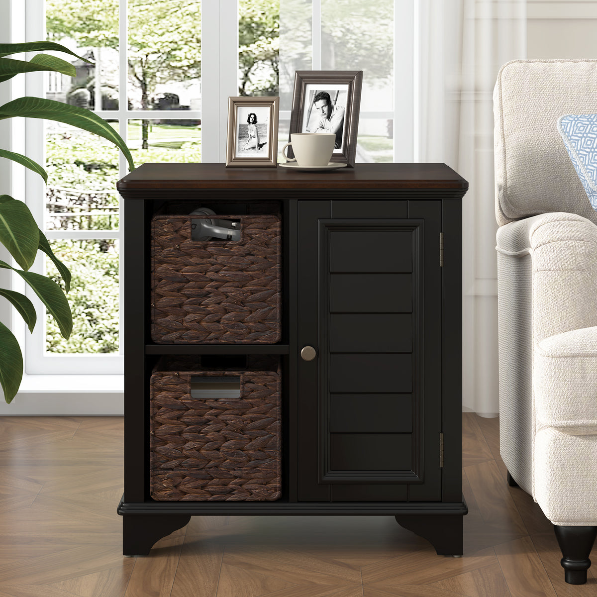 variant-group:rf-n724p401353b|Roomfitters American Style Louvered Side End Table with 2 Grass Storage Baskets, Black
