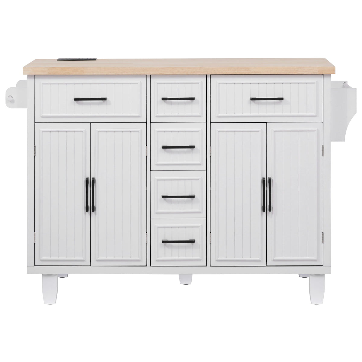 Roomfitters 56.5" Kitchen Island with Drop Leaf, Rolling Kitchen Cart with 5 Storage Drawers, Spice Rack & Towel Holder, White