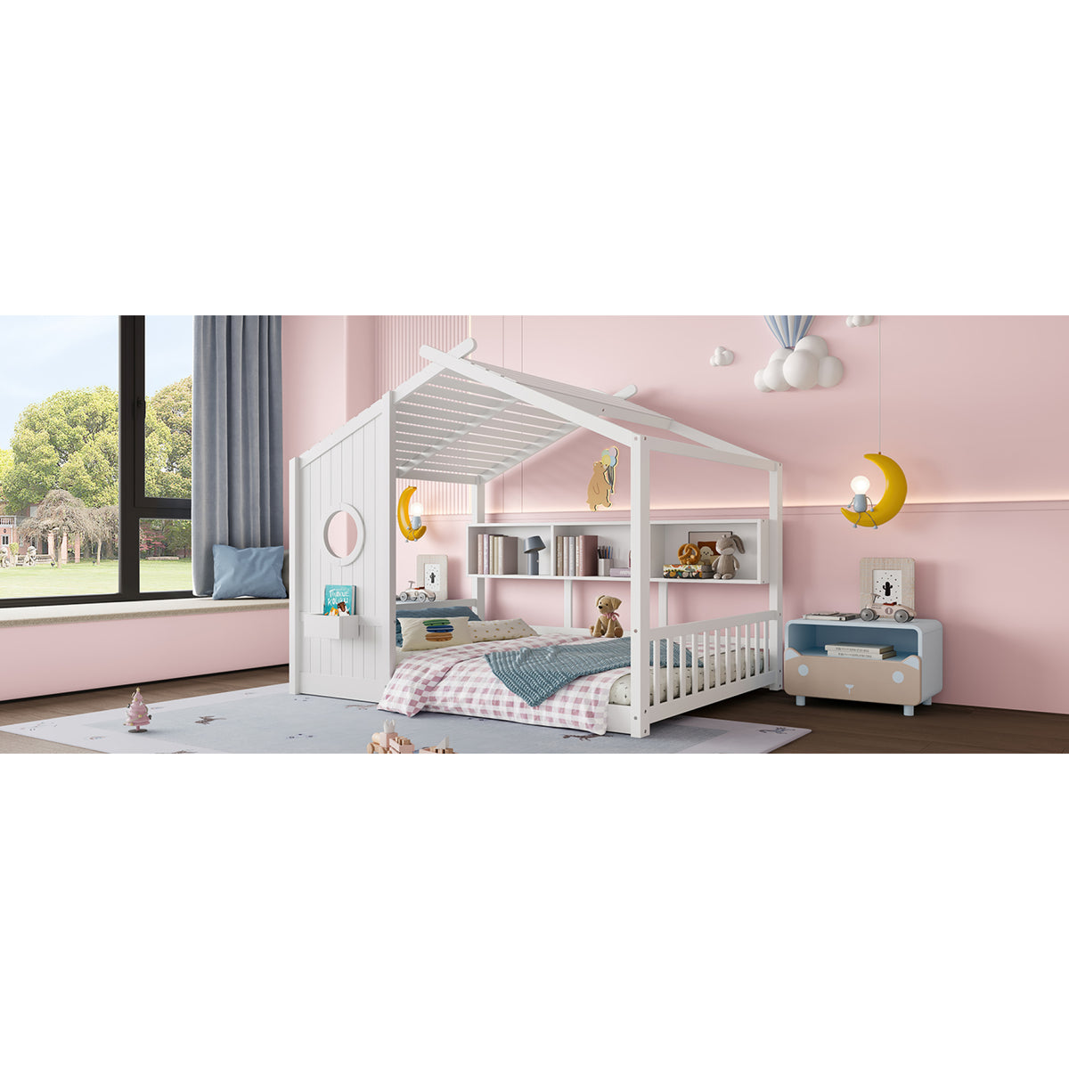 variant-group:rf-n733p335068k|Roomfitters Full Size Floor House Bed with Storage Shelf and Roof Design, Montessori Playhouse Bed, White