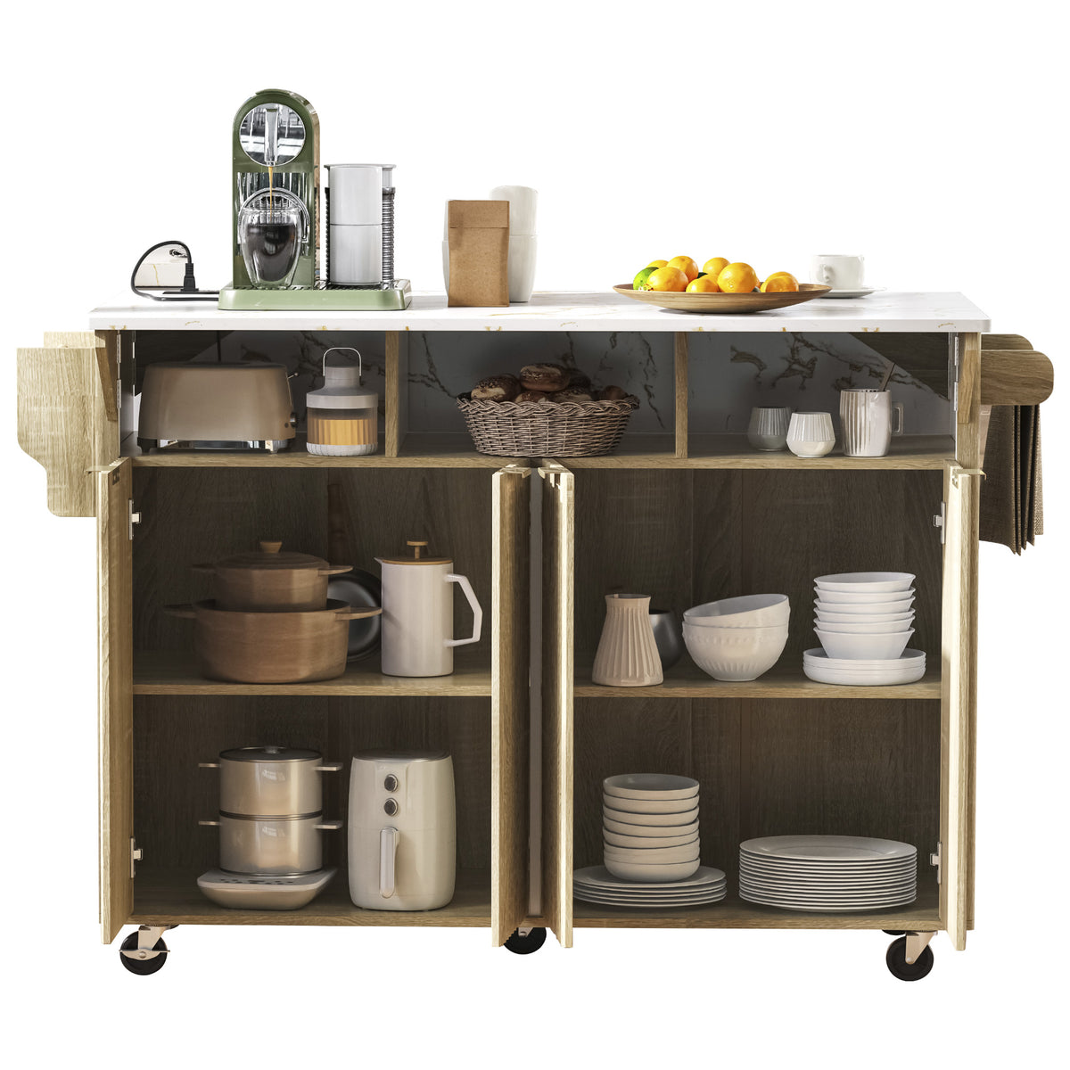 variant-group:rf-n707p353934y|Roomfitters 55.5" Fluted Kitchen Island with Double Drop Leaf, Natural Storage Cart with Power Outlet & Faux Marble Top