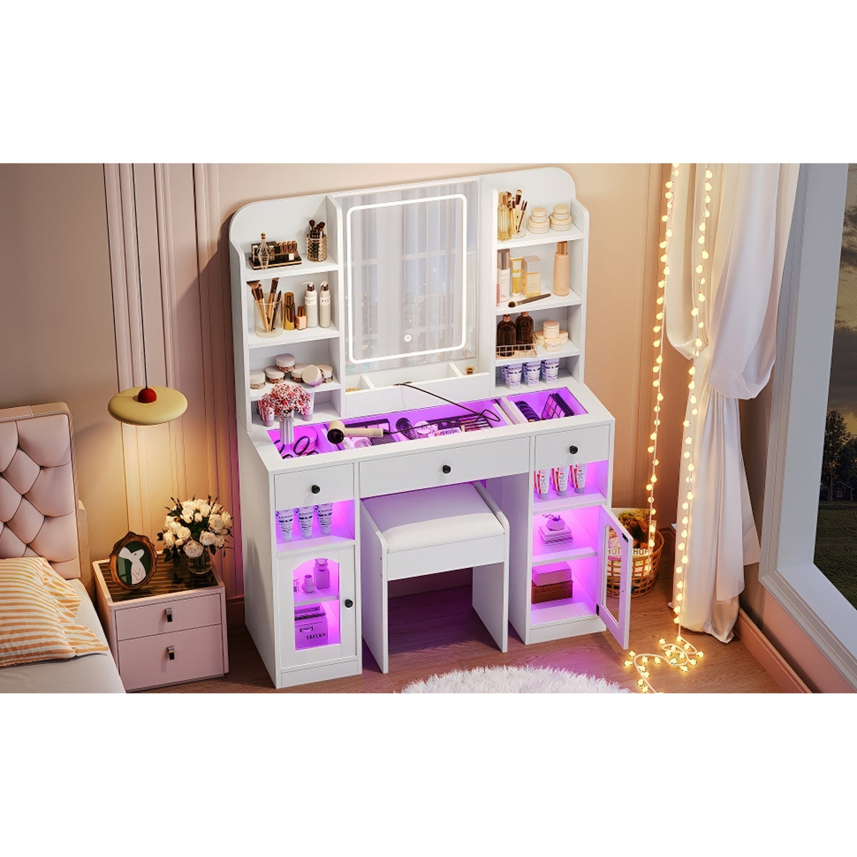 variant-group:rf-n704p407114k|Roomfitters 43.2" Makeup Vanity Desk with LED Lighted Mirror, Glass Door Cabinets, Charging Station and Stool, White