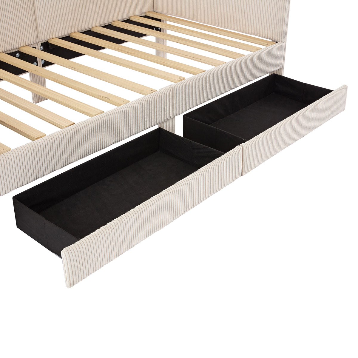 variant-group:rf-n733p171470a|Roomfitters Twin Size L-Shaped Corduroy Daybed, Upholstered Platform Bed Frame with 2 Convenient Storage Drawers for a Modern Touch, Beige
