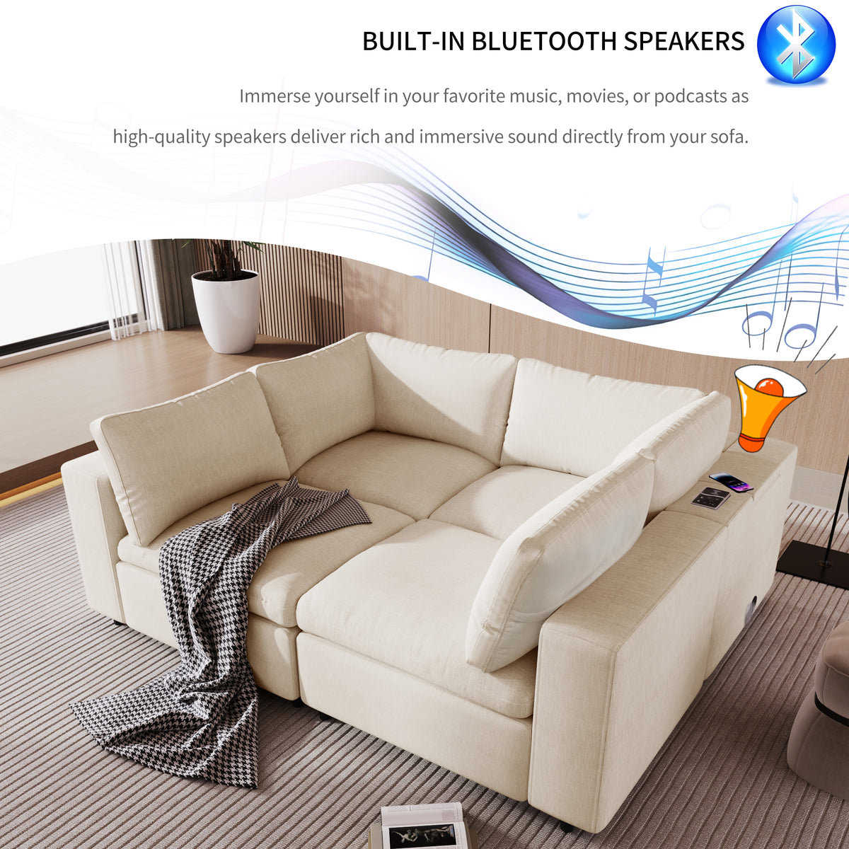 variant-group:rf-n711wy000413aaa|Roomfitters Upholstered Modular Sofa with Storage Space, USB Charging Ports, Wireless Charging, Built-in Bluetooth Speaker, Sectional Sofa for Living Room and Apartment, Beige