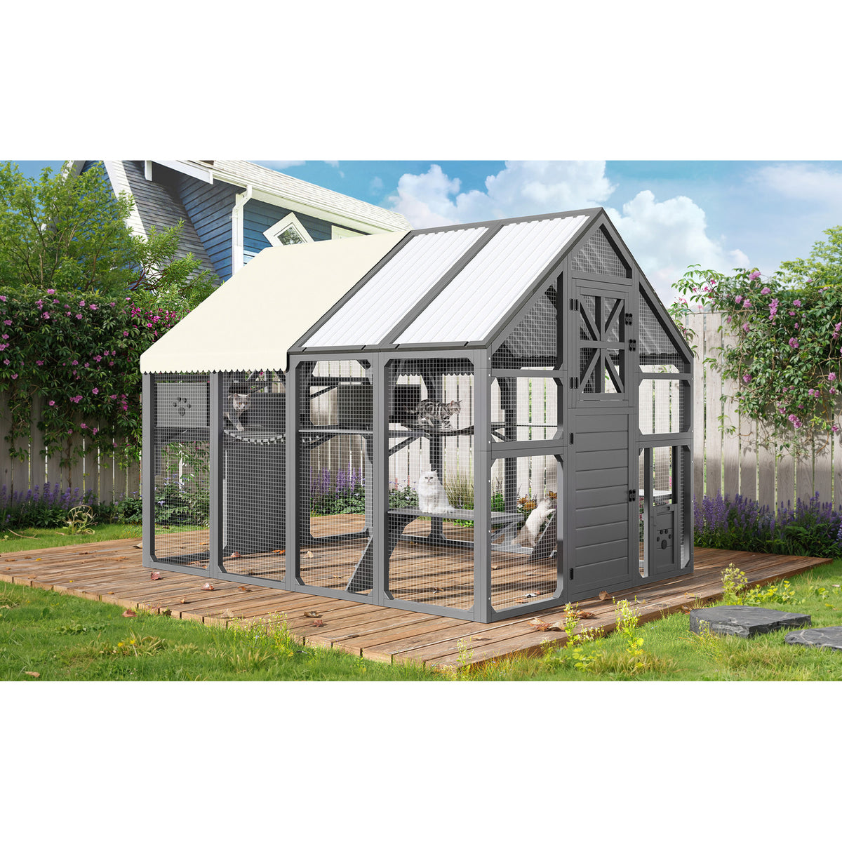 variant-group:rf-n704g201618e|Roomfitters Extra Large Outdoor Catio Cat Enclosure with Cooling PVC Roof and Insulated Boxes Gray