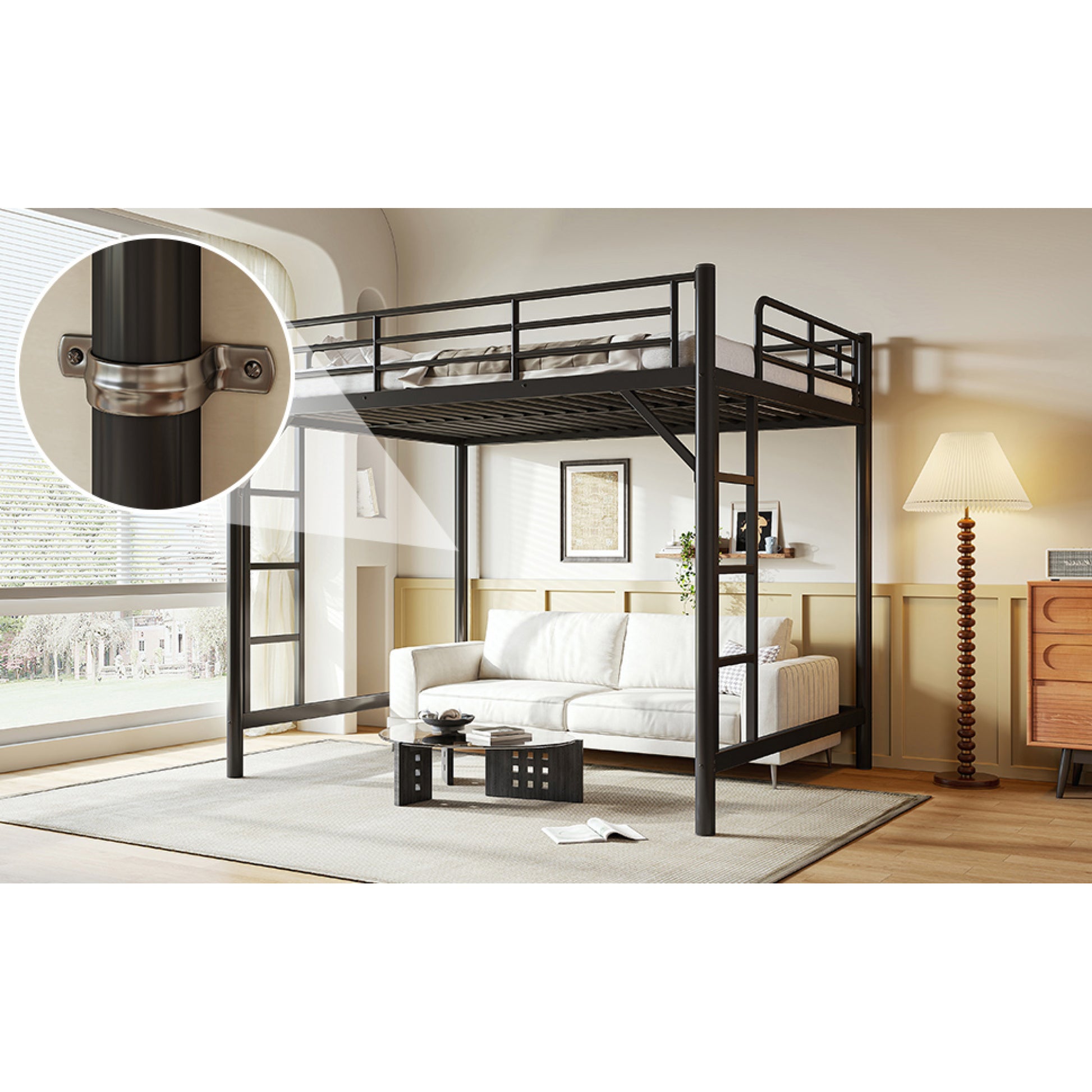 variant-group:rf-w1580p455017|Roomfitters Queen Size Metal Loft Bed Frame with Guardrails, Heavy Duty Space Saving High Loft Bed Dual Ladders, Black
