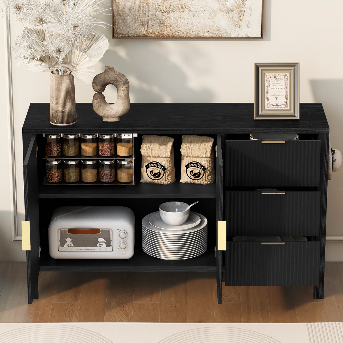 variant-group:rf-n711p345172b|Roomfitters Sideboard Buffet Cabinet with 3 Drawers, 2 Door Mid-century Fluted Accent Storage for Kitchen & Dining, Black