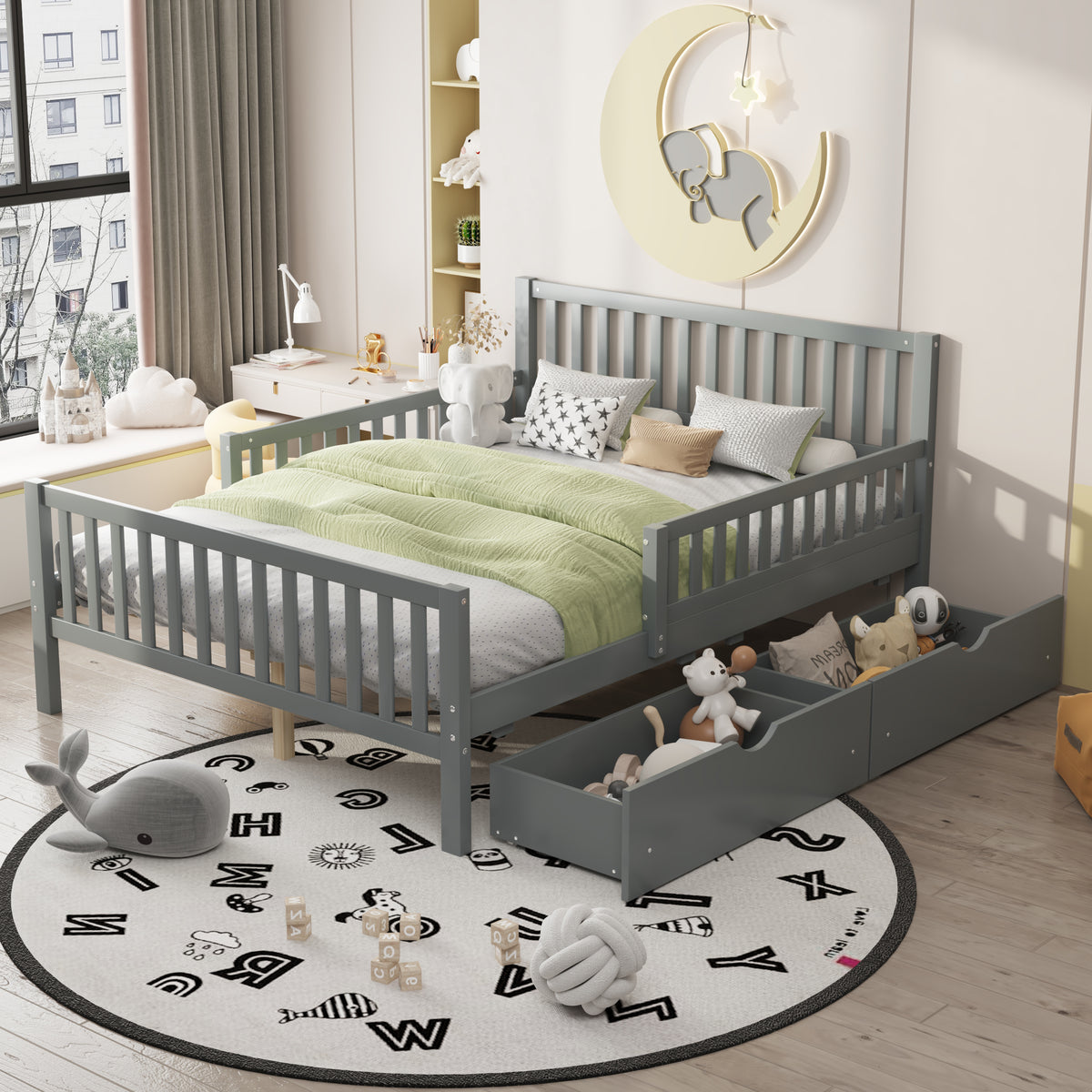 variant-group:rf-n733p172700e|Roomfitters Full Size Wood Platform Bed with Guardrails and Two Storage Cabinets, Grey