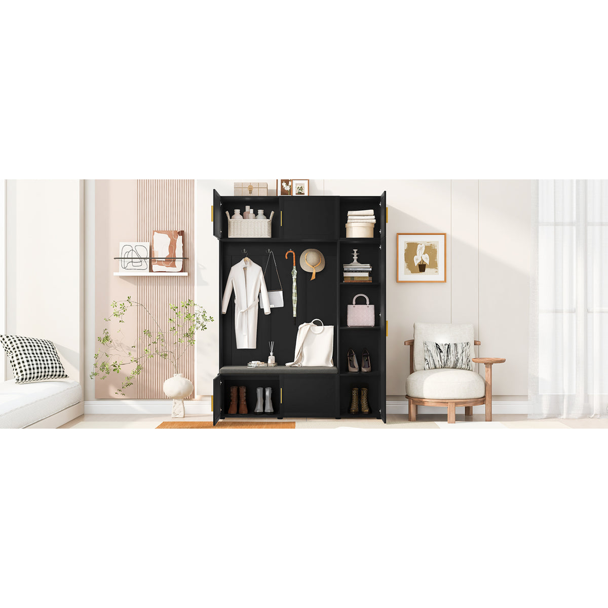 variant-group:rf-n724sj000166aab|Roomfitters American Style 4-in-1 Hall Tree, Upholstered Entryway Bench, Antique Black