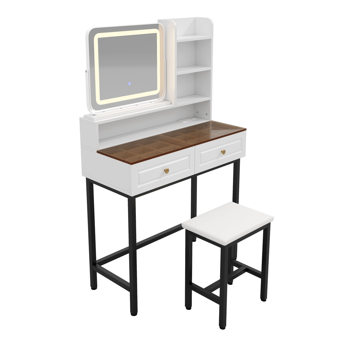 Roomfitters Makeup Vanity with LED Lighted Mirror, Glass Top, Charging Station and Storage Hutch, Vanity Table Set, Black+White Roomfitters