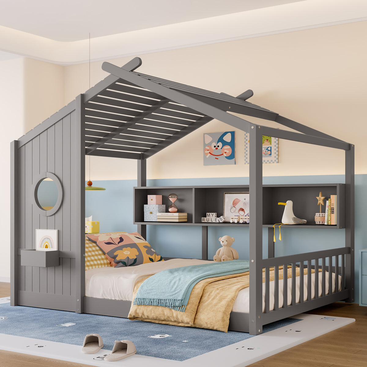 variant-group:rf-n733p335068e|Roomfitters Full Size Floor House Bed with Storage Shelf and Roof Design, Montessori Playhouse Bed, Gray