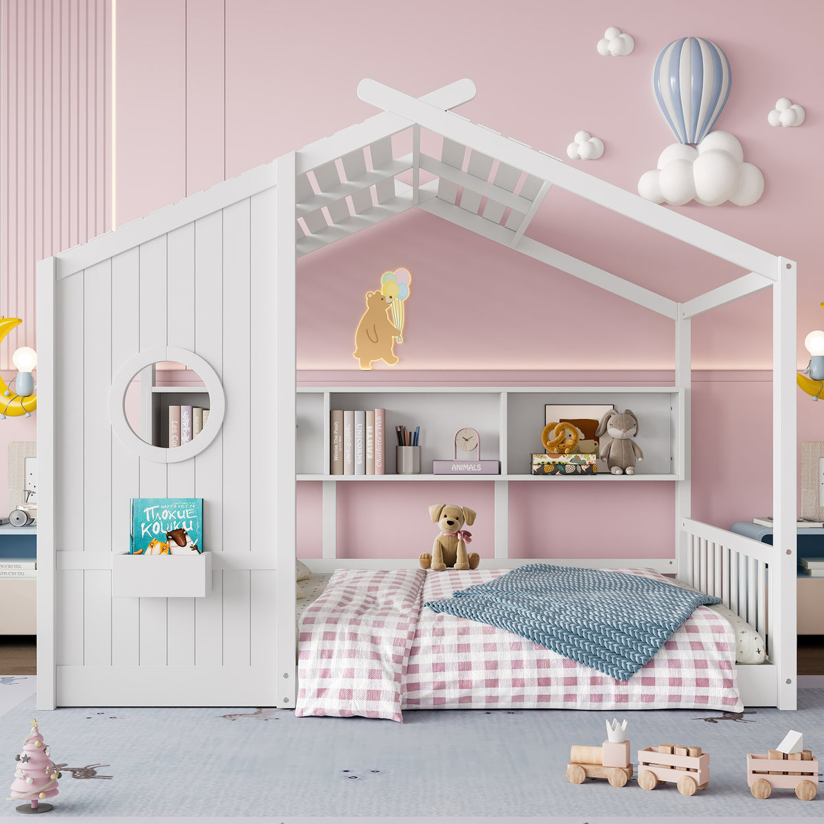 variant-group:rf-n733p335068k|Roomfitters Full Size Floor House Bed with Storage Shelf and Roof Design, Montessori Playhouse Bed, White