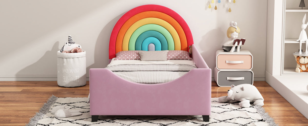 Roomfitters Twin Size Rainbow Upholstered Daybed Frame, Low to Ground Cute Princess Bed, Enclosed Fence, Colorful & Pink Roomfitters