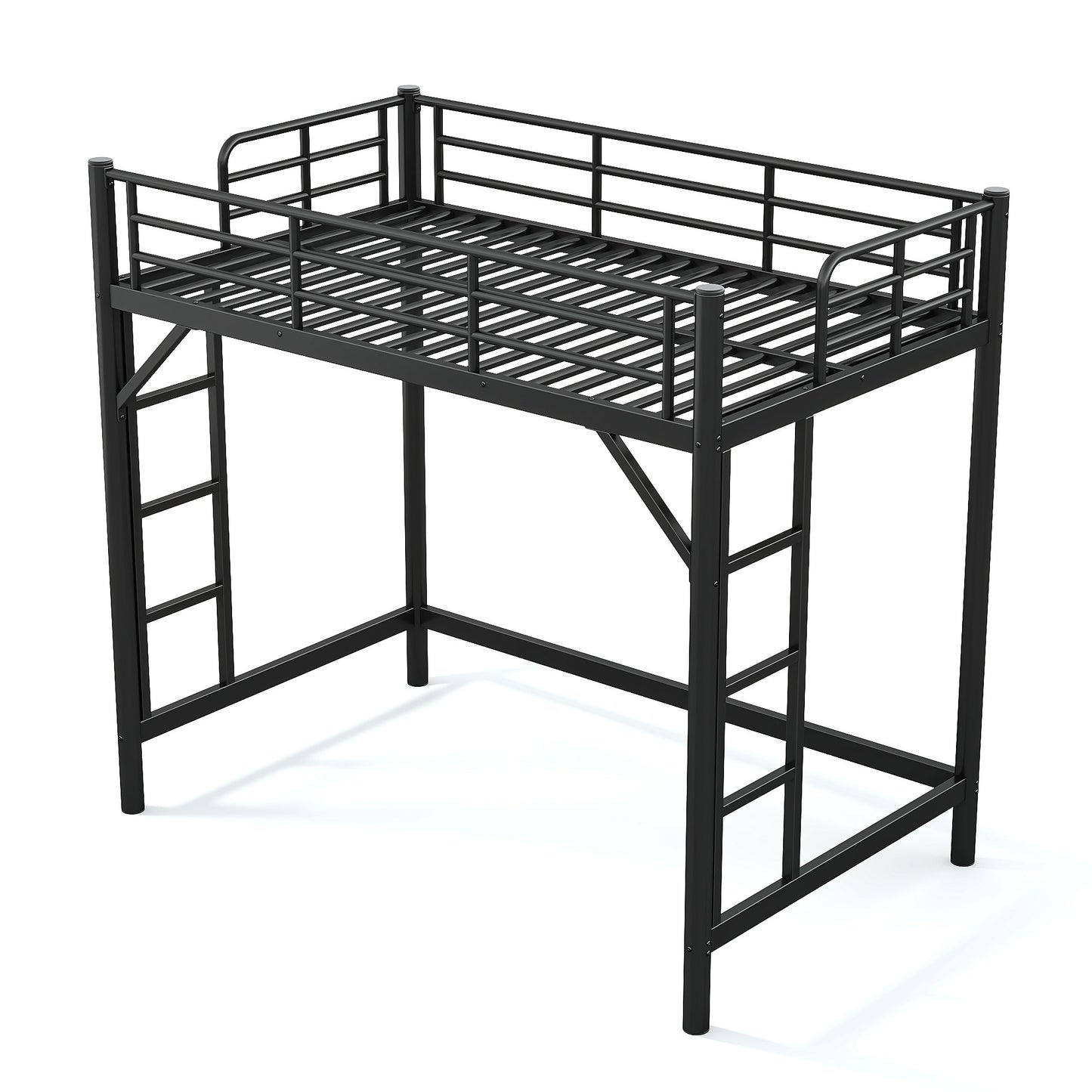 variant-group:rf-w1580p455010|Roomfitters Twin Size Metal Loft Bed Frame with Guardrails, Heavy Duty Space Saving High Loft Bed Dual Ladders, Black