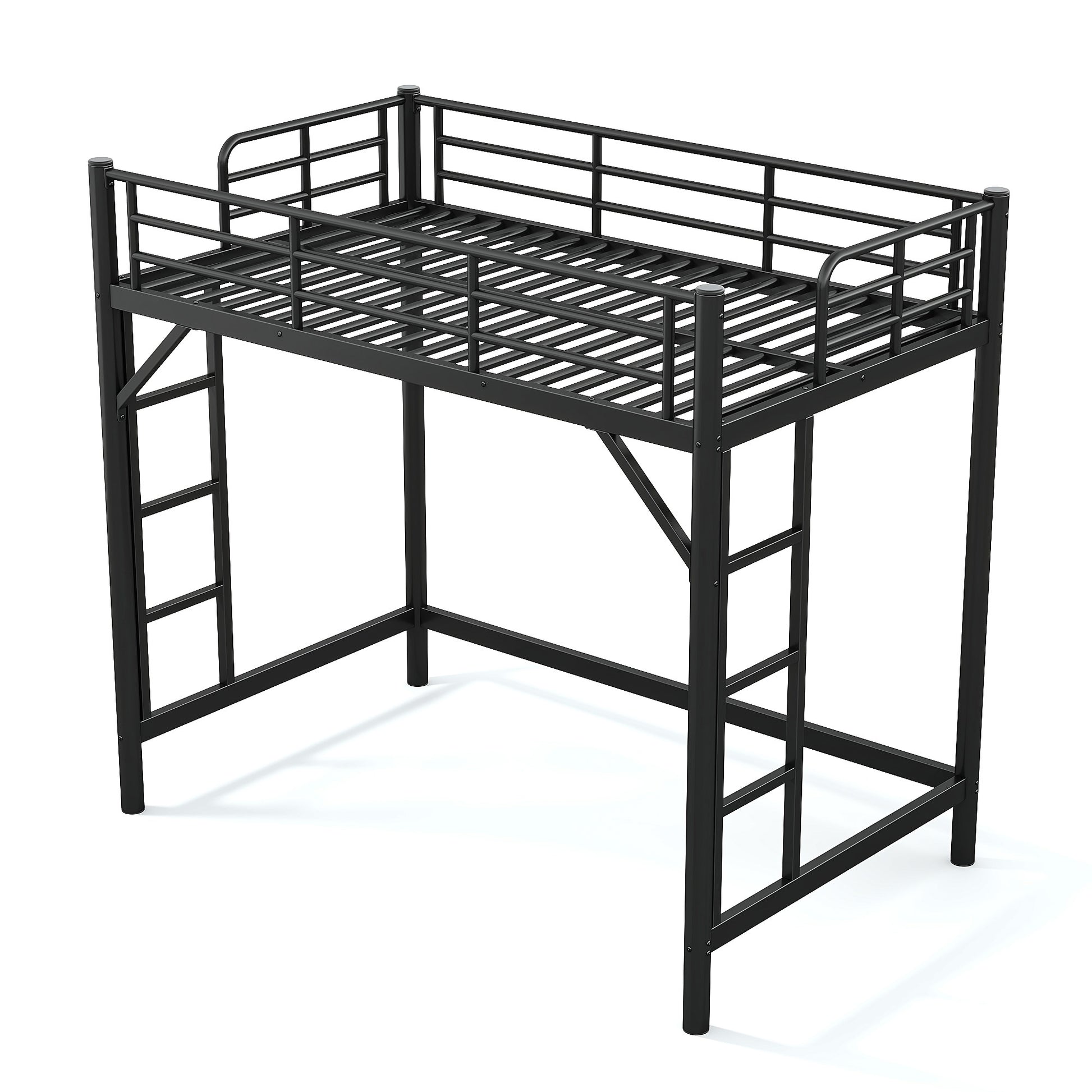 variant-group:rf-w1580p455010|Roomfitters Twin Size Metal Loft Bed Frame with Guardrails, Heavy Duty Space Saving High Loft Bed Dual Ladders, Black