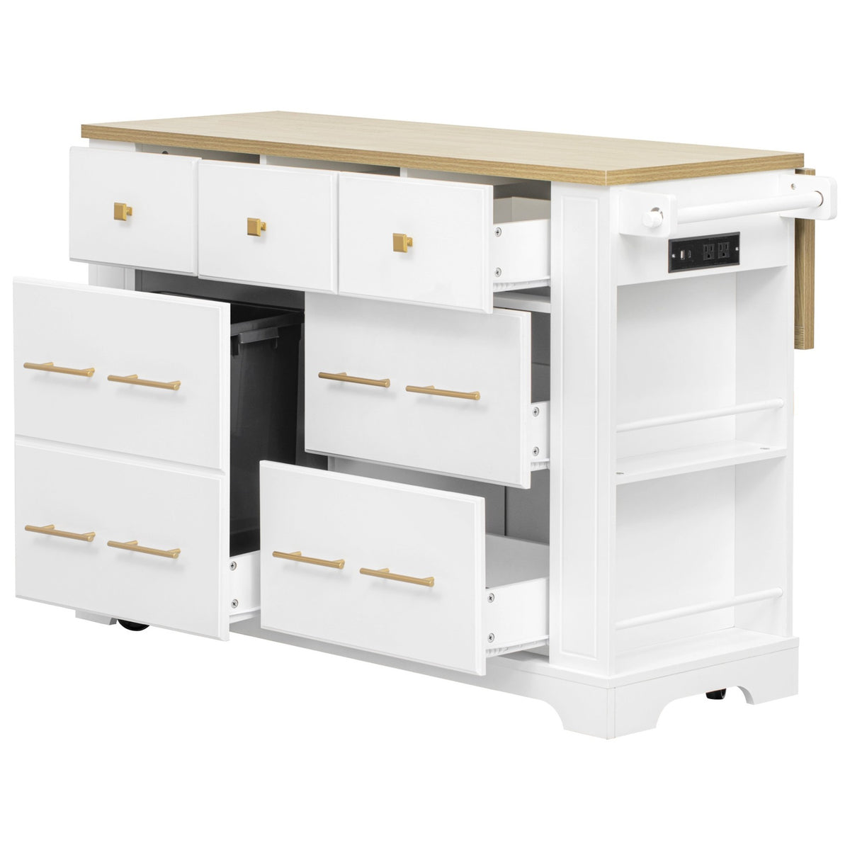 variant-group:rf-n707s307292w|Roomfitters 51" Kitchen Island with Power Outlet and Drop Leaf, Rolling Cabinet with Pull-Out Trash Can Drawer, White