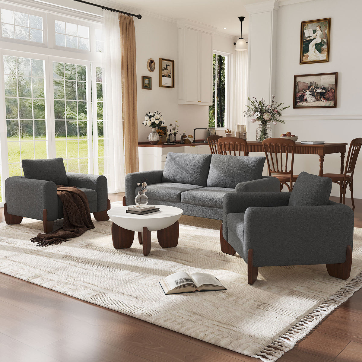 variant-group:rf-n711wy000479aae|Roomfitters Modern 3-Piece Living Room Sofa Set, Bouclé Fabric Loveseat and 2 Armchairs Pack, Grey Pinewood Lounge