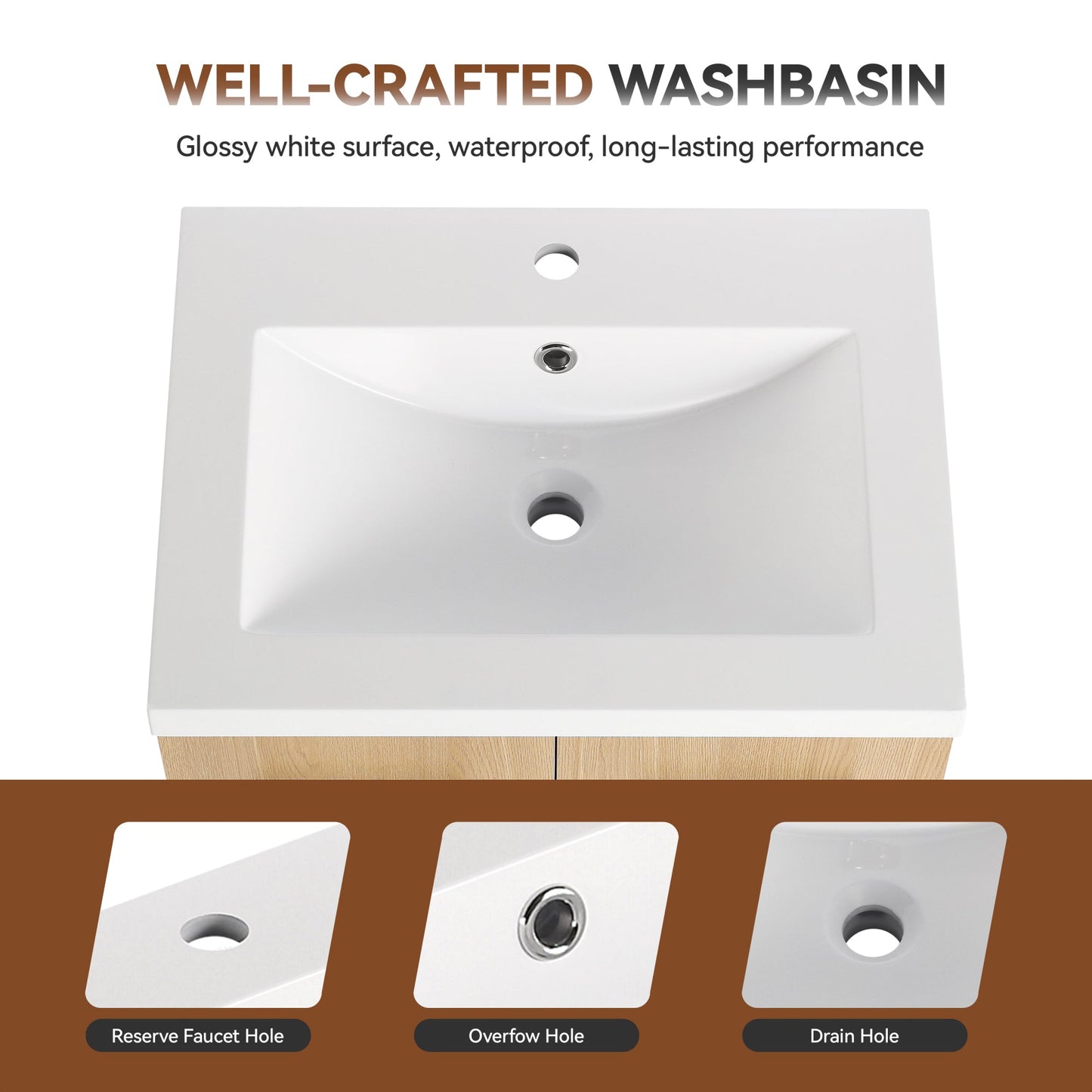 24" Freestanding Bathroom Vanity with Resin Sink, Light Oak, Double Door Storage, KD (Ready-to-Assemble), Includes Black & Brushed Aluminum Handles Roomfitters