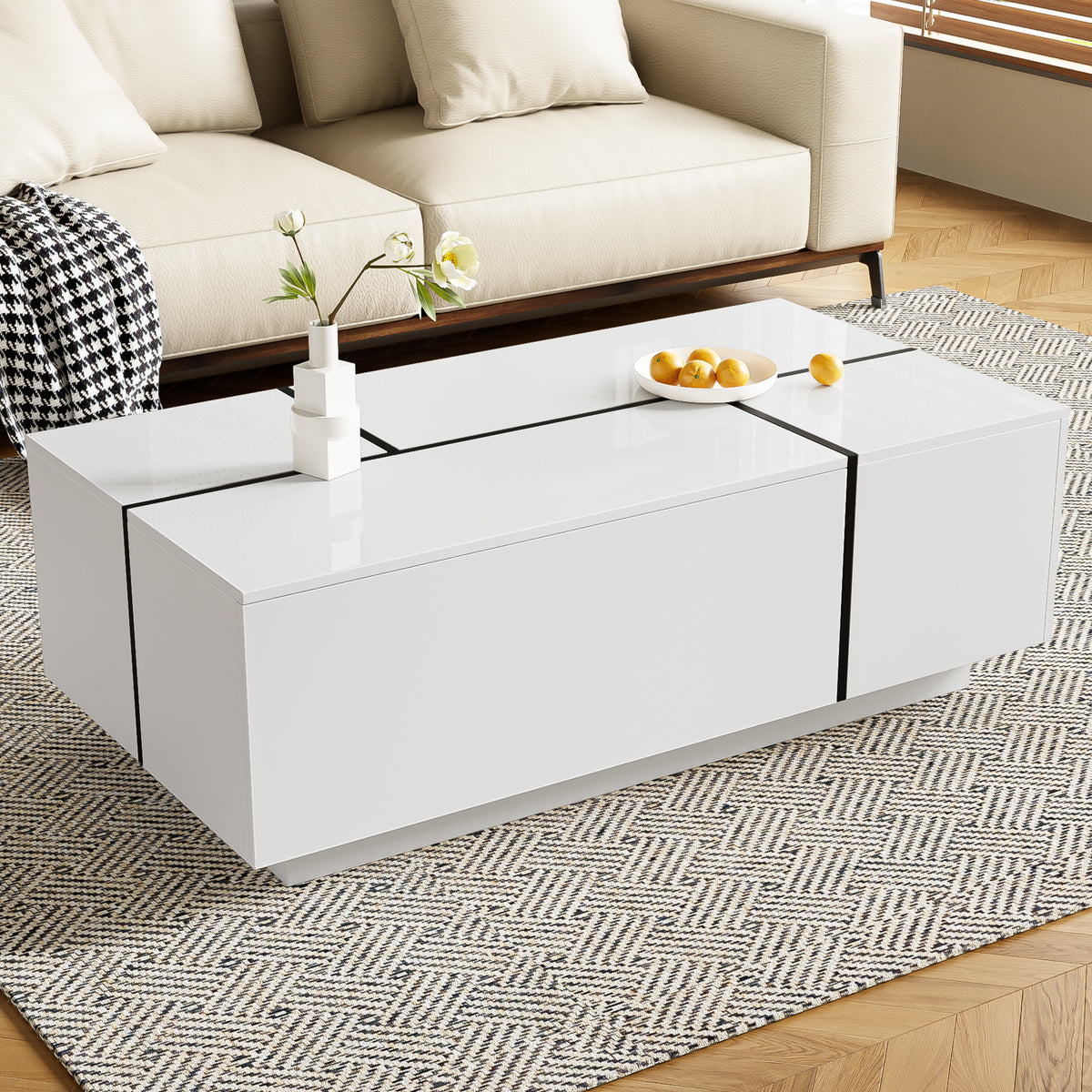 variant-group:rf-n724p292070k|Roomfitters Glossy Extendable Coffee Table with 2 Drawers and Hidden Storage Compartments, Multi-Functional Design, White
