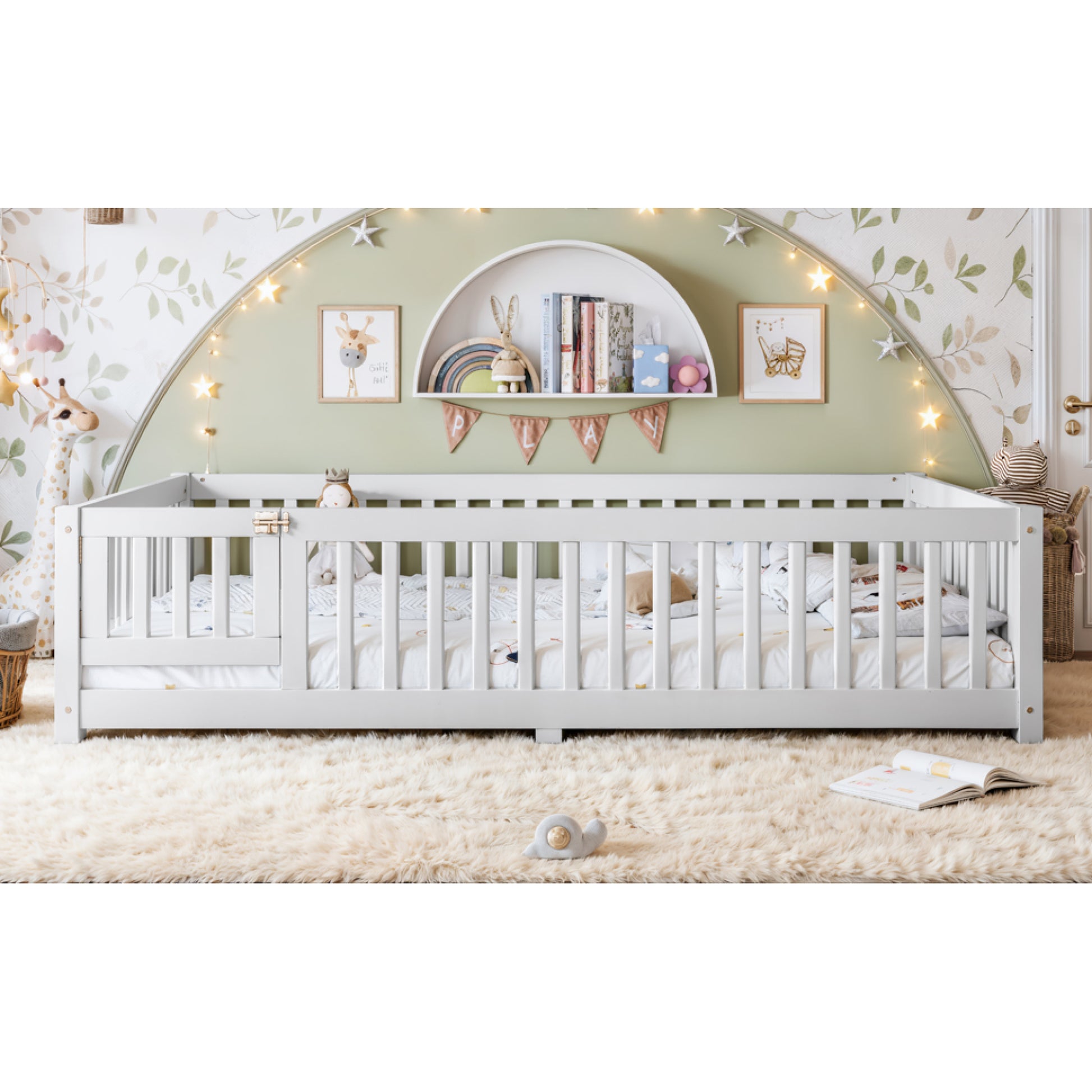 variant-group:rf-w1580p462324|Roomfitters Queen Size Wooden Floor Bed Frame with Safety Guardrails Door, Solid Wood Low Profile Toddler Play Bed, White