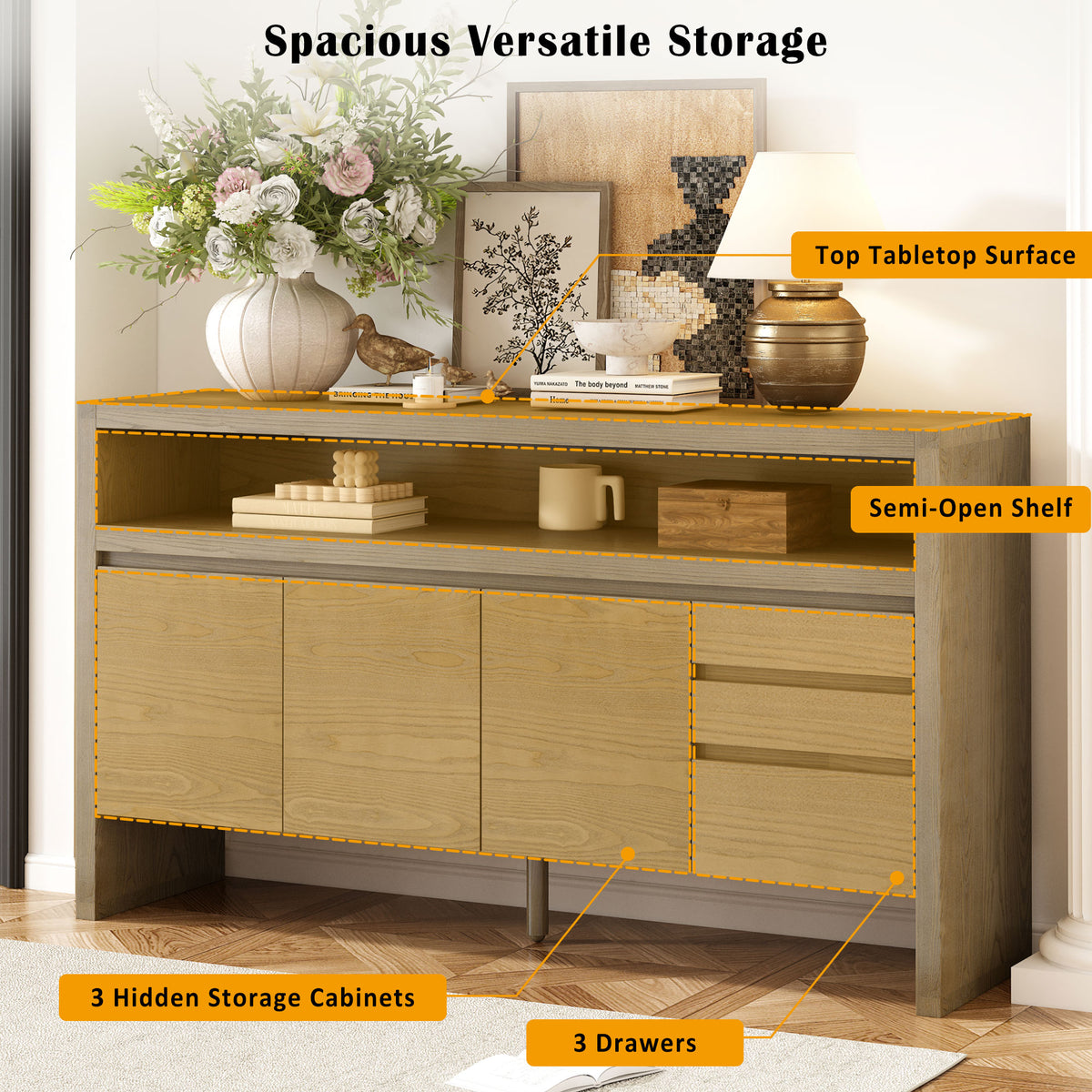variant-group:rf-n711p289141o|Roomfitters 60" Modern Solid Wood Veneer Sideboard with 3 Doors & 3 Drawers, Open Shelf & Cable Cutout, Large Storage Cabinet for Dining, Hallway, Living Room, Natural